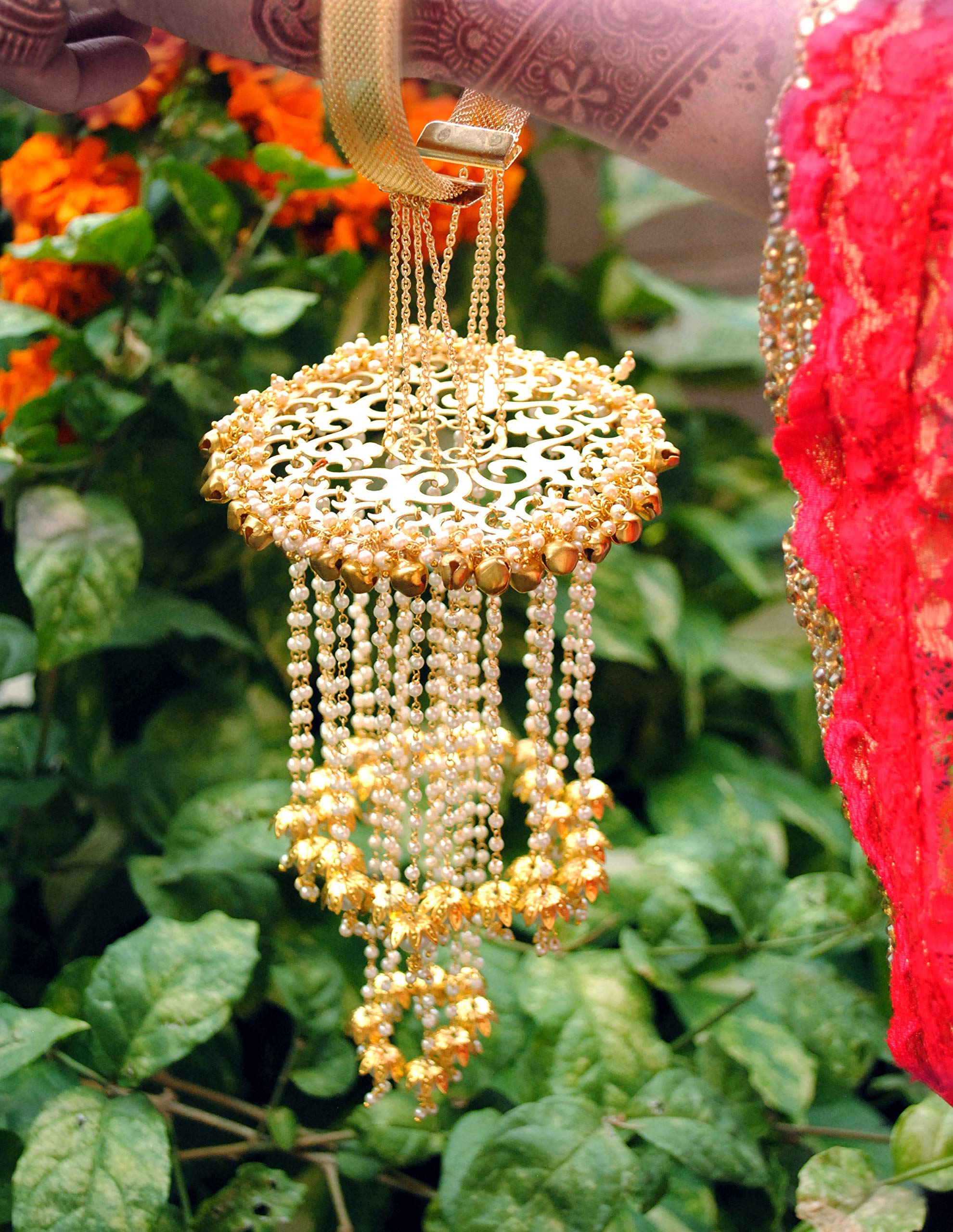 Elegant Laser-Cut Indian Wedding Kaleera with Golden Pearl Chains – Traditional Punjabi Bridal Jewelry for Mehndi & Wedding Ceremonies