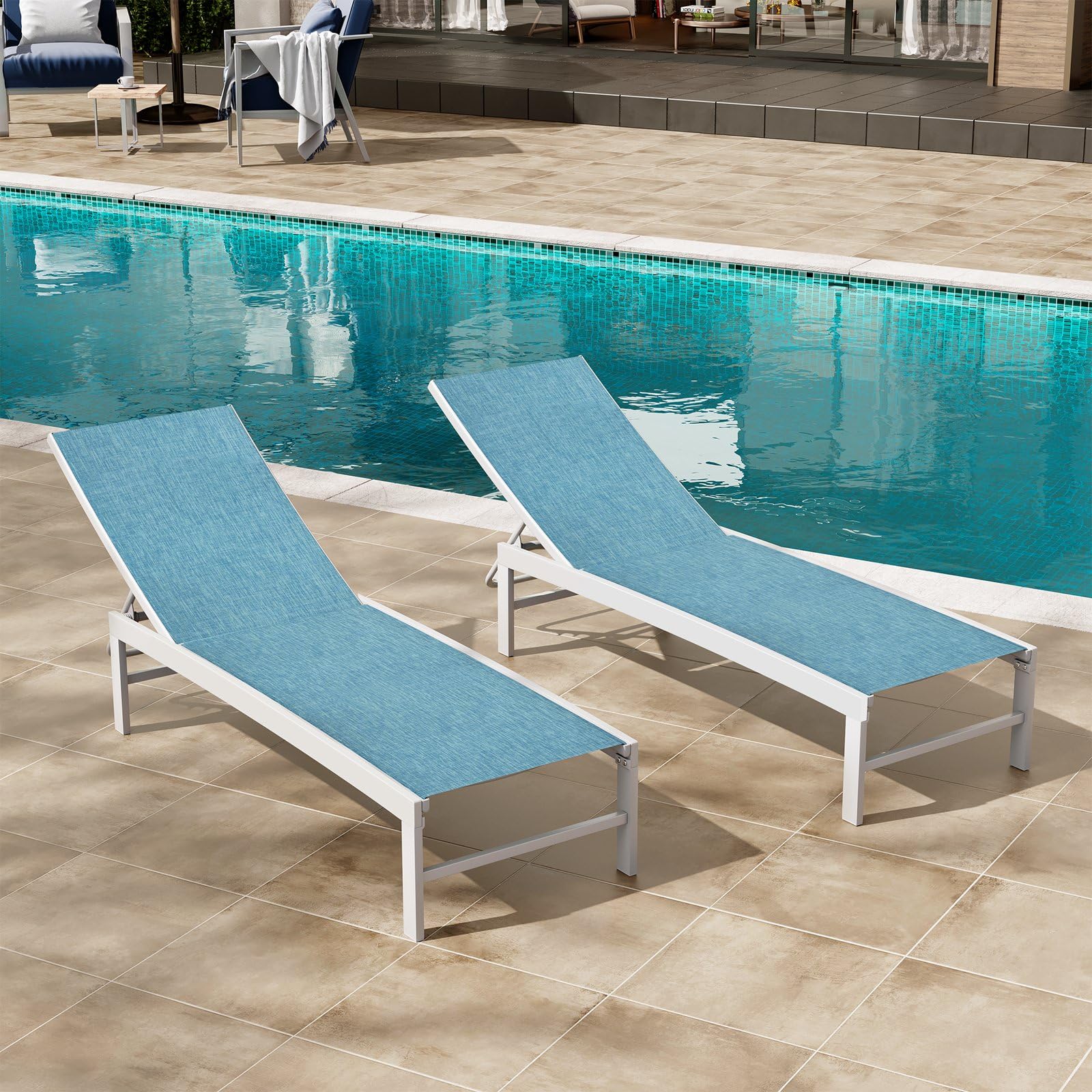 Crestlive Outdoor Lounge Chair Set of 2 - Aluminum Pool Chaise Lounge Chairs with 5-Position Adjustable Recliner, All-Weather Patio Furniture for Tanning, Beach, Yard & Poolside Relaxation (Blue) - Perfect for Sunbathing, Backyard Lounging and Outdoor Entertaining