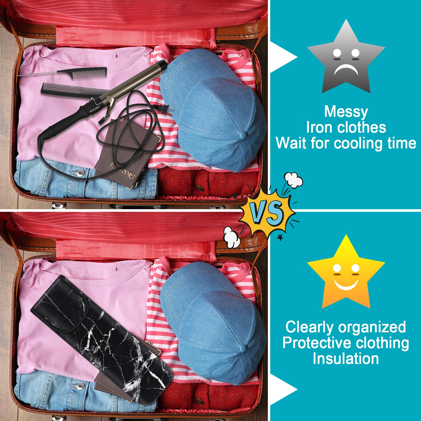 Shappy 2-Piece Heat Resistant Curling Iron Travel Case & Flat Iron Holder - Neoprene Straightener Sleeve & Silicone Hot Tools Bag (Retro Style) - Perfect for Salon Professionals, Travel & Home Styling