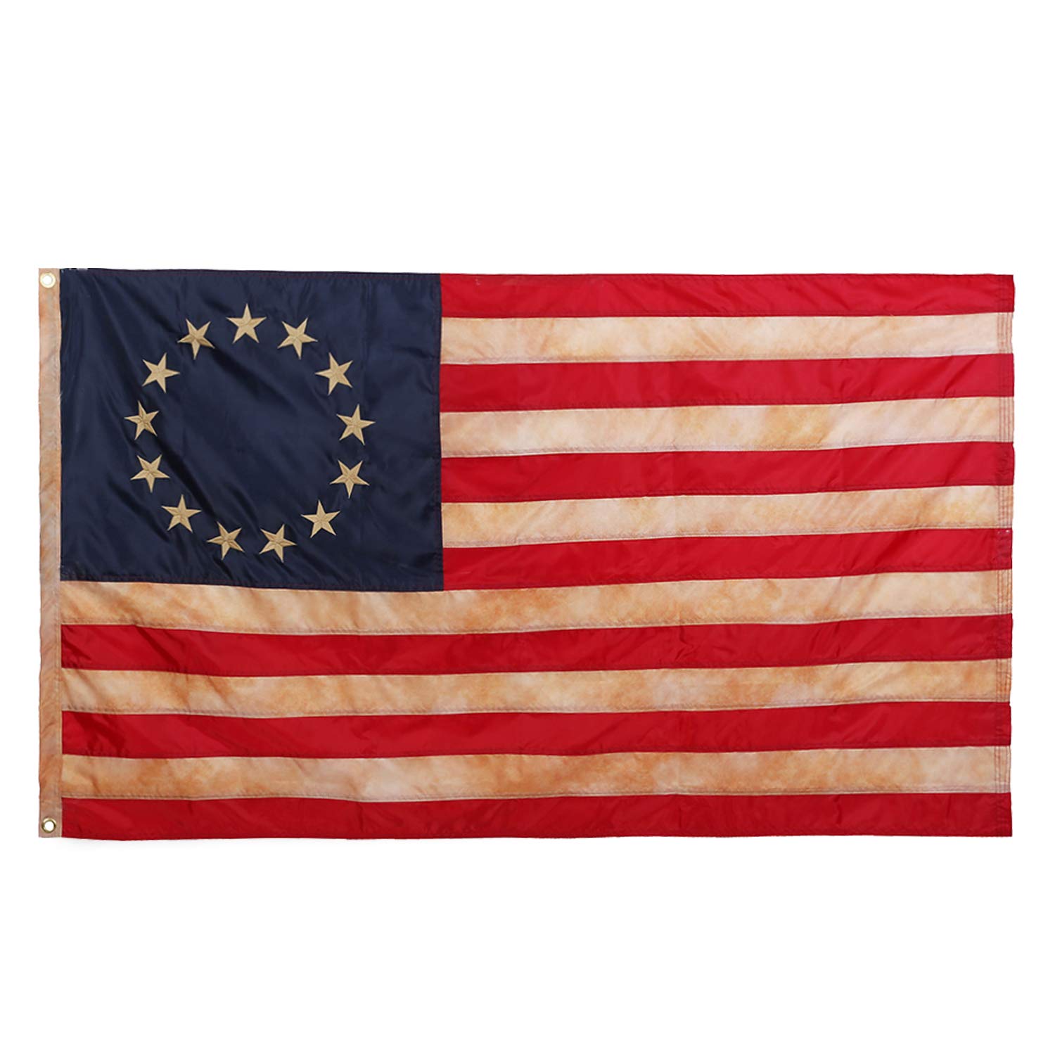 210D Nylon Vintage Betsy Ross 3x5ft American Flag - Tea Stained Colonial Style with Embroidered Stars & Sewn Stripes - Heavy Duty Double Stitched Outdoor US Banner with Brass Grommets - Perfect for 4th of July Decor, Patriotic Displays & Historical Reenactments