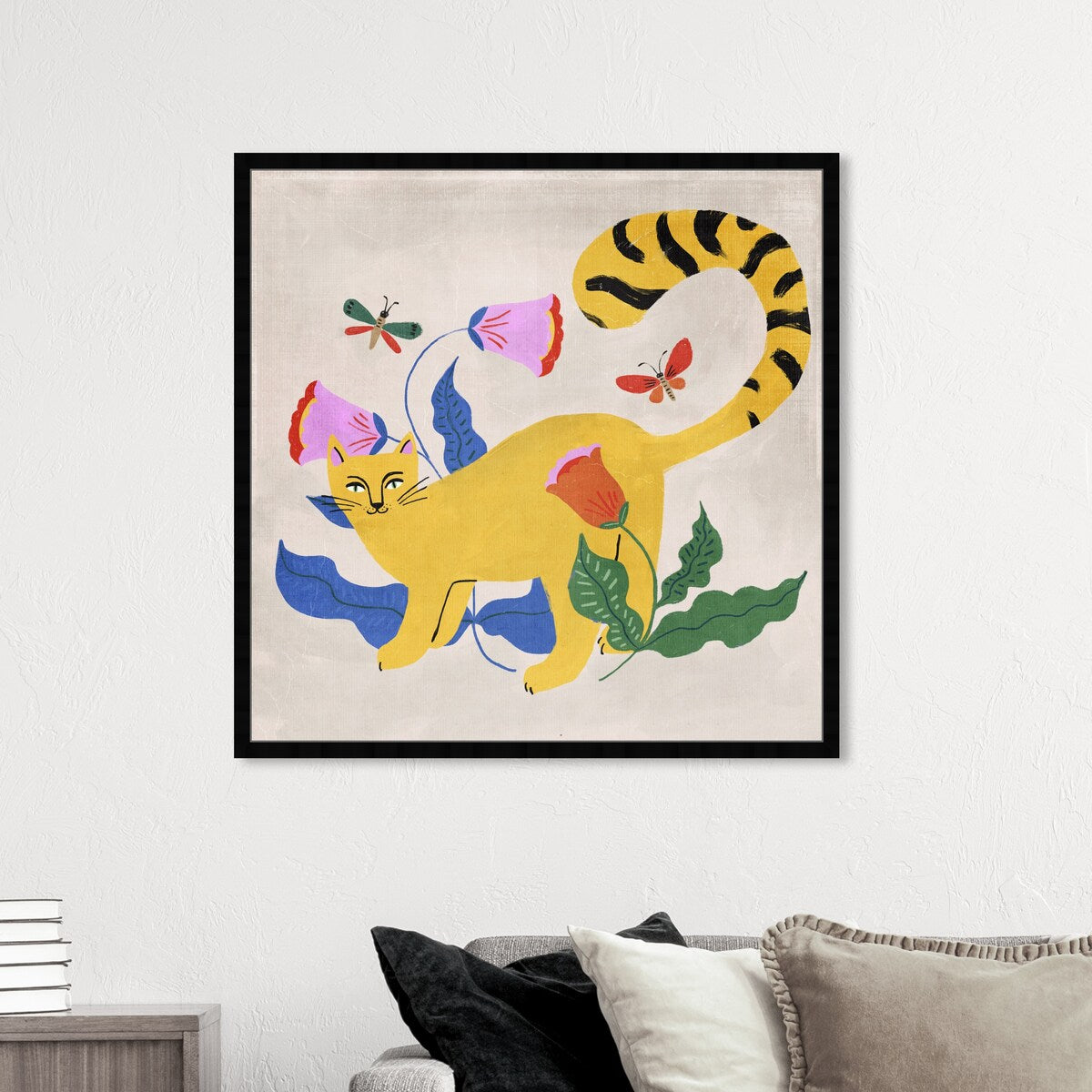 Blonde Tabby Floral Kitten Butterfly Garden Modern Yellow Framed Wall Art Print - Perfect for Bedroom, Nursery & Home Decor