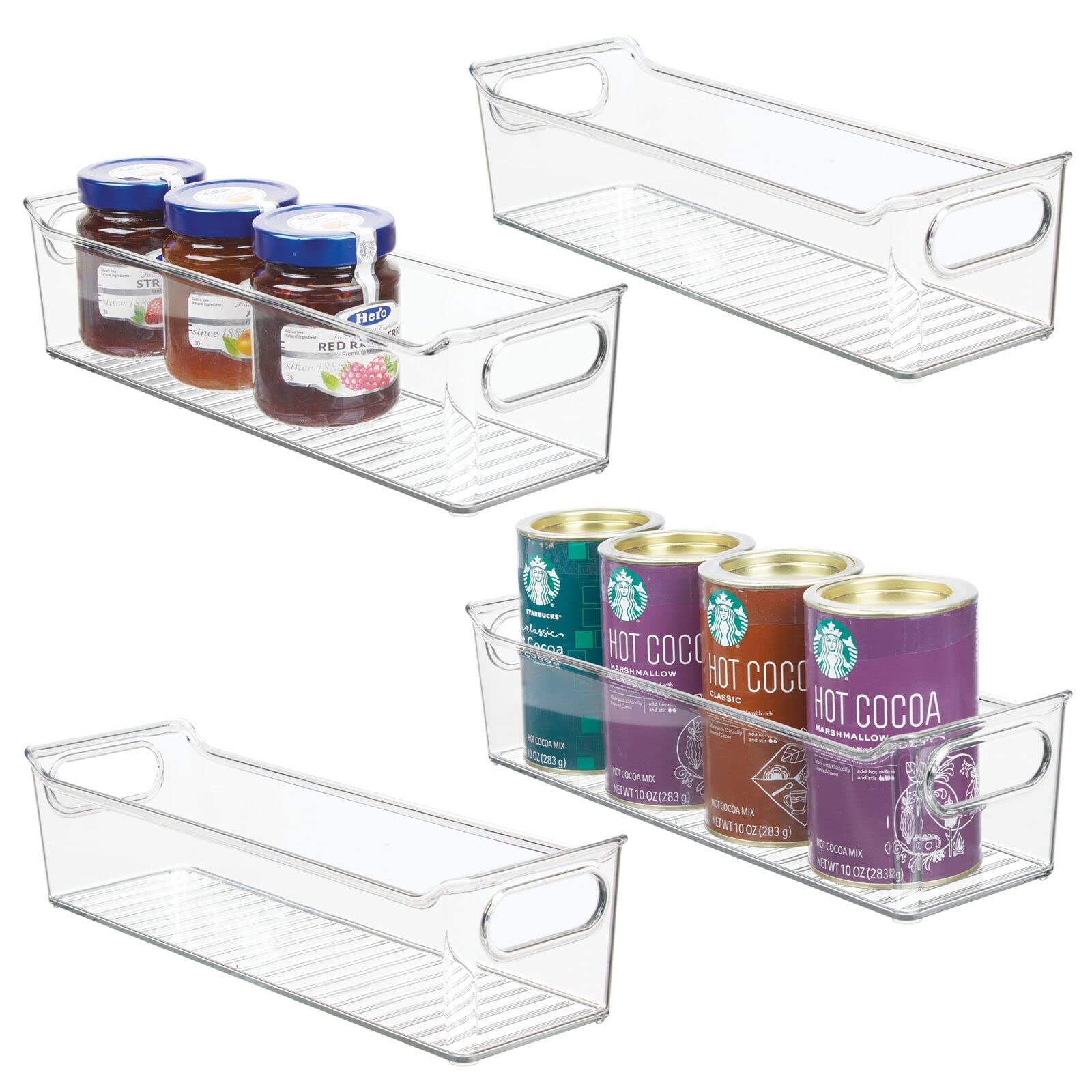 mDesign 4-Pack Slim Plastic Kitchen Storage Bins with Handles - Clear Food Organizer for Pantry, Cabinet, Fridge & Freezer - Perfect for Fruits, Yogurt, Snacks & Squeeze Pouches - Space-Saving Kitchen Organization Solution for Home & Office Use