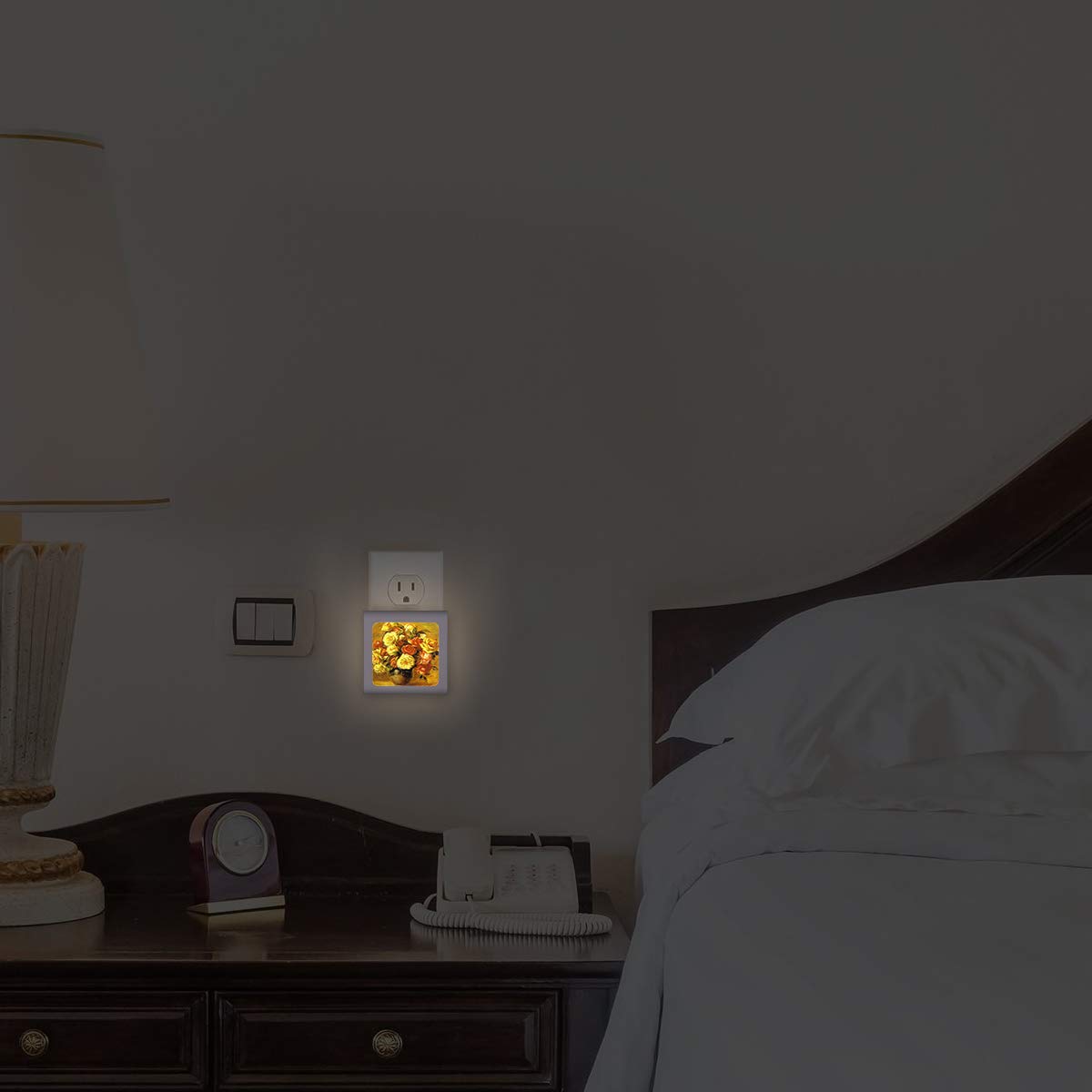 Dimmable LED Night Light with Auto On/Off Sensor - Adjustable Brightness & Warm White Light for Bathroom, Hallway, Nursery, Bedroom - Perfect for Nighttime Safety & Comfort (Renoir: Bouquet de Roses Design)