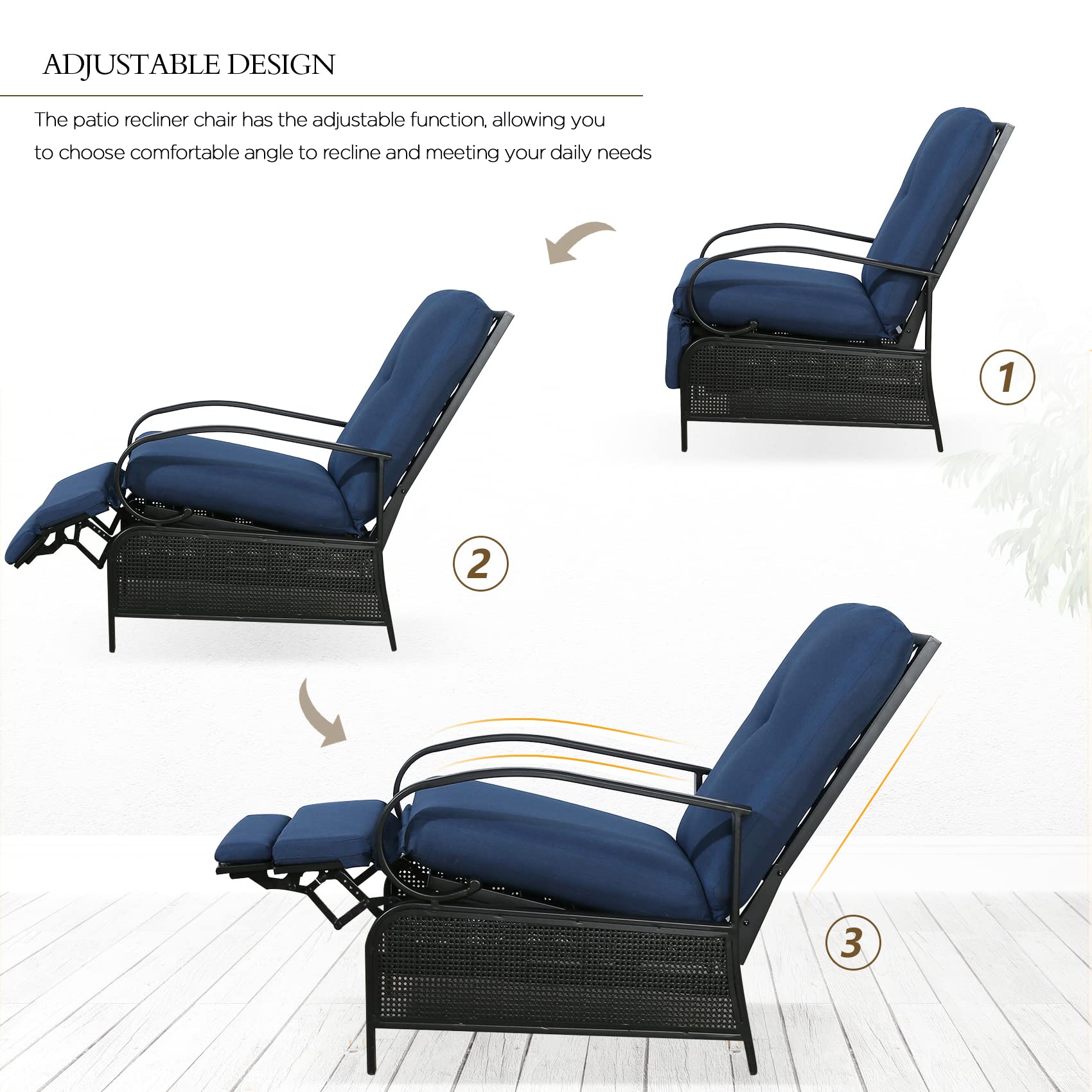 Ulax 2-Piece Adjustable Patio Recliner Chair Set - Outdoor Metal Lounge Reclining Sofa with Thick Cushions (Navy) - Perfect for Poolside, Backyard, Deck & Patio Relaxation