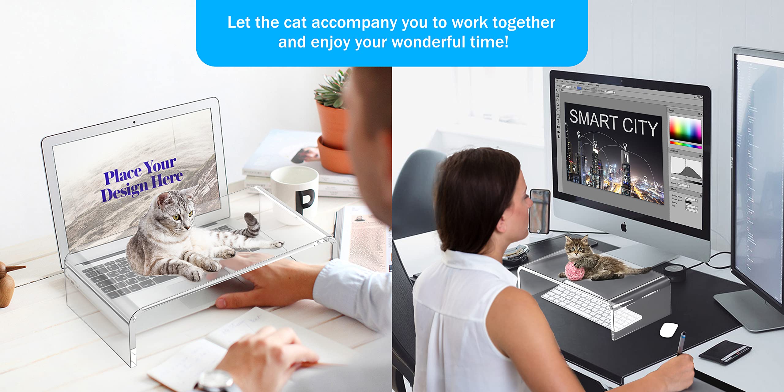 Clear Acrylic Monitor Stand Riser & Laptop Stand - White Aesthetic Desk Organizer for Computer, iMac & Office Accessories - Perfect for Home Office Setup & Workspace Decor