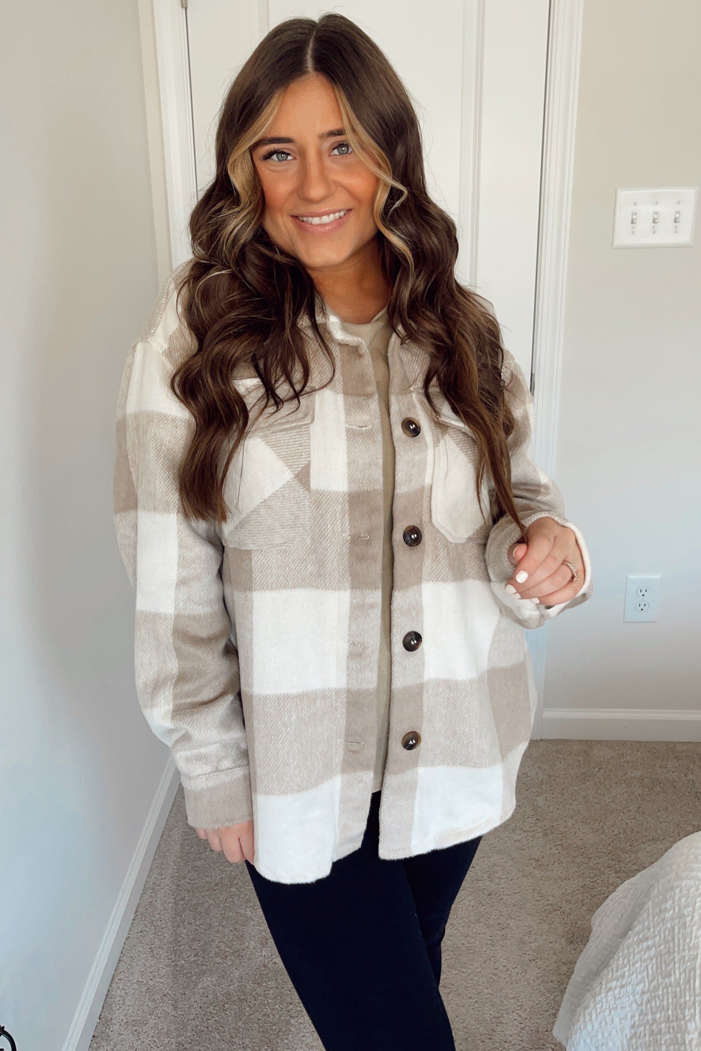 Beige Plaid Knit Shirt Jacket for Women - Cozy Oversized Button Up Cardigan Sweater | Perfect for Fall Layering, Casual Outfits & Outdoor Activities