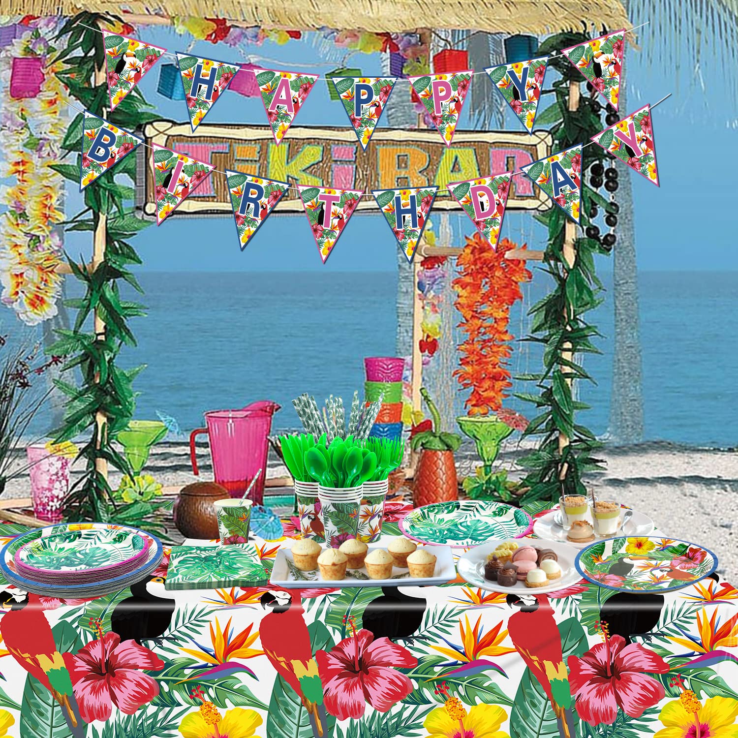 Hawaiian Luau Party Supplies Set - Tropical Birthday Decorations with Toucan Paper Plates, Napkins, Cups, Tablecloth & Utensils for 20 Guests | Perfect for Summer Beach Parties, Luau Themed Events & Aloha Celebrations