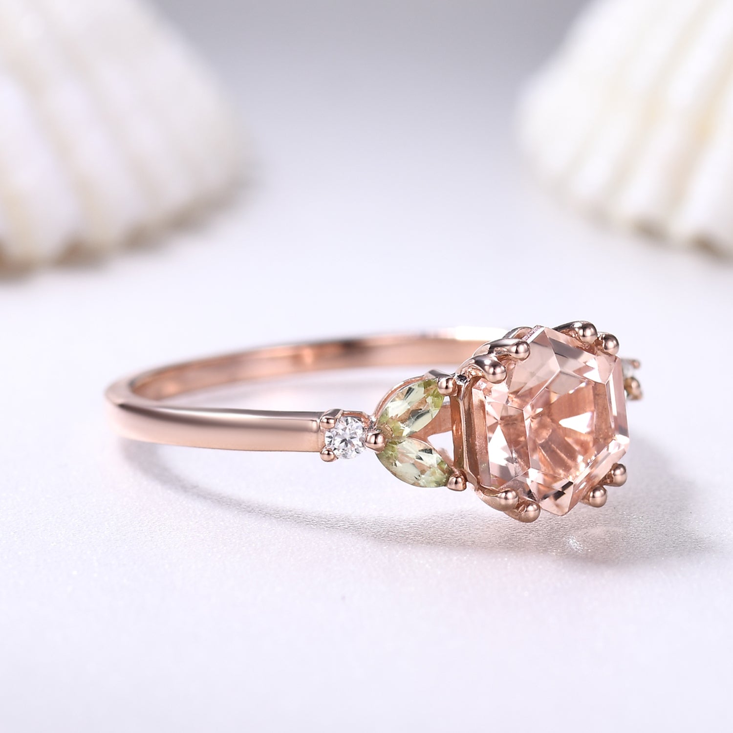 1 Carat Vintage Hexagon Cut Morganite Engagement Ring with Marquise Peridot Cluster - Elegant Wedding, Anniversary & Proposal Jewelry for Women