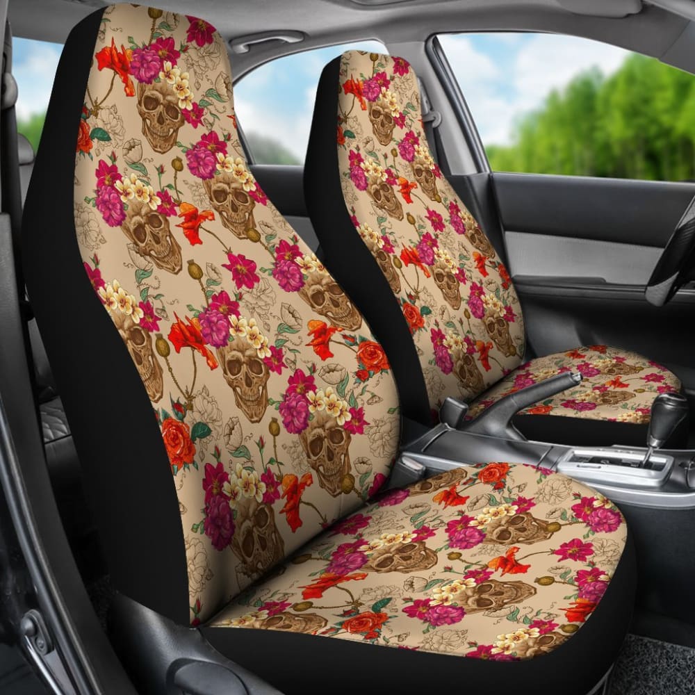 2 Pcs Sugar Skull Car Seat Covers - Premium Universal Fit for Cars, Trucks & SUVs - Halloween Dia de Los Muertos Decor - Protects Seats from Stains & Spills - Perfect for Road Trips, Daily Commute & Themed Parties