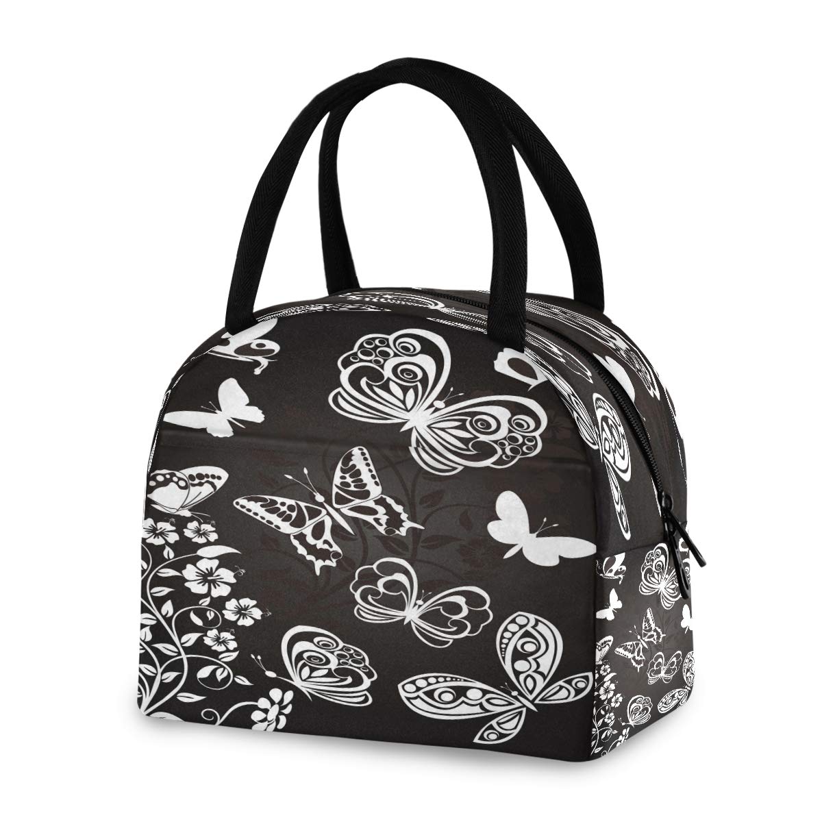 Blueangle Insulated Lunch Bags for Women & Men - Black White Butterfly Flower Design, Reusable Tote Lunch Box Organizer for Office, Beach, Party, Boating, Fishing, Picnic - Perfect for Work, School & Outdoor Activities