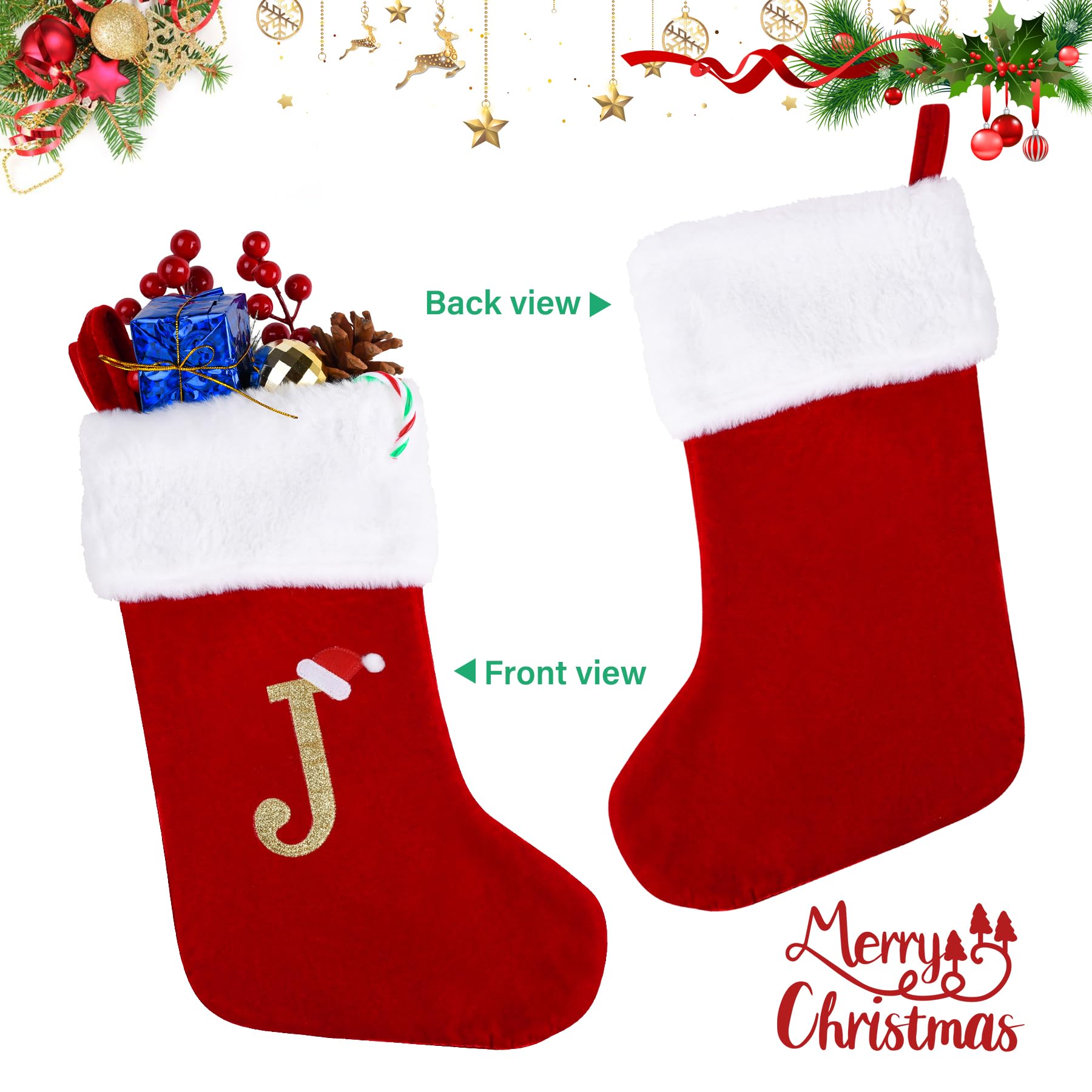 Personalized 20 Inch Red Velvet Christmas Stocking with Monogram Letter J - Large Soft Plush Holiday Stocking for Fireplace, Xmas Tree Decor - Perfect for Family Gifts & Cozy Winter Celebrations