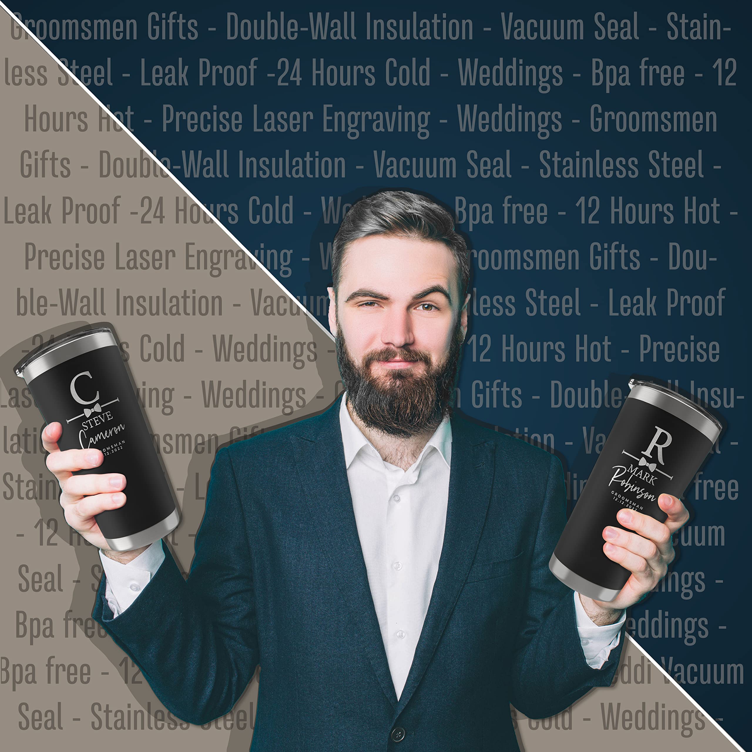 Personalized Stainless Steel Tumblers for Groomsmen - Set of 6 Custom Engraved 20oz/30oz Double Wall Insulated Cups with Names & Titles (3 Colors) - Perfect for Wedding Party Gifts, Bachelor Parties & Bridal Showers