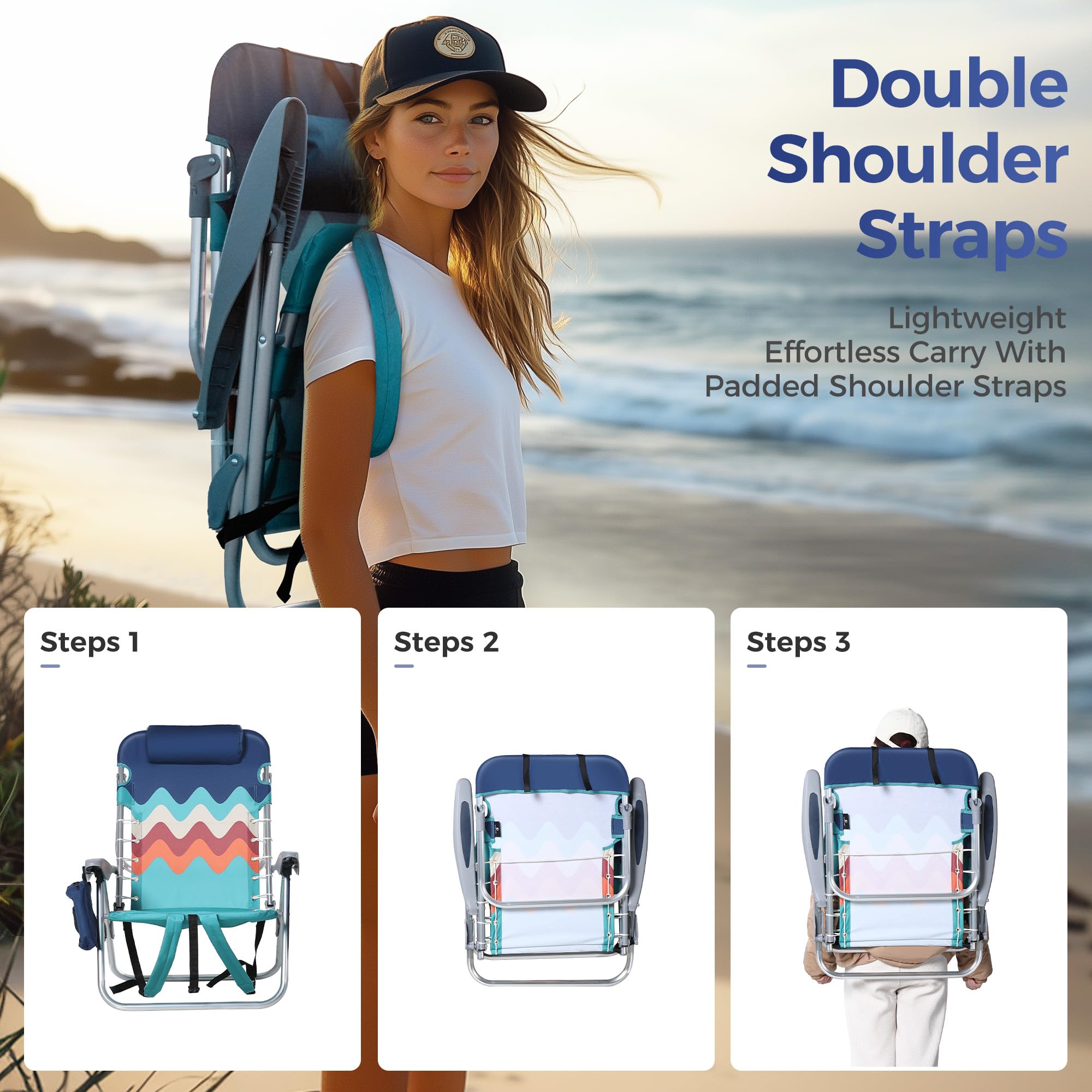 ALPHA CAMP 2-Pack Beach Chairs with Cooler Bag - 4-Position Adjustable Folding Lounge Chairs with Backpack Straps, Supports 250LBS - Portable for Beach, Camping, Poolside & Outdoor Relaxation (Sky Blue)