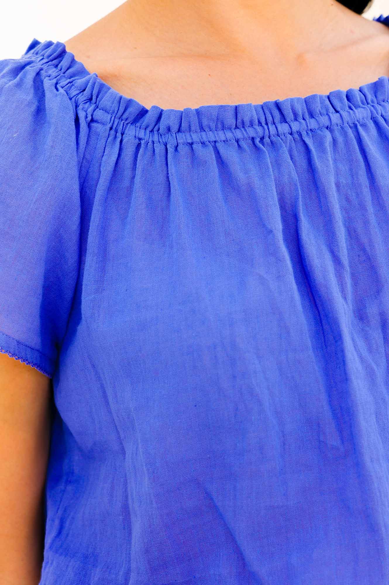 Ilana Frill Organic Cotton Gauze Top - Breathable Women's Blouse in Dazzling Blue | Boho Chic Summer Outfit for Beach, Vacation & Casual Wear