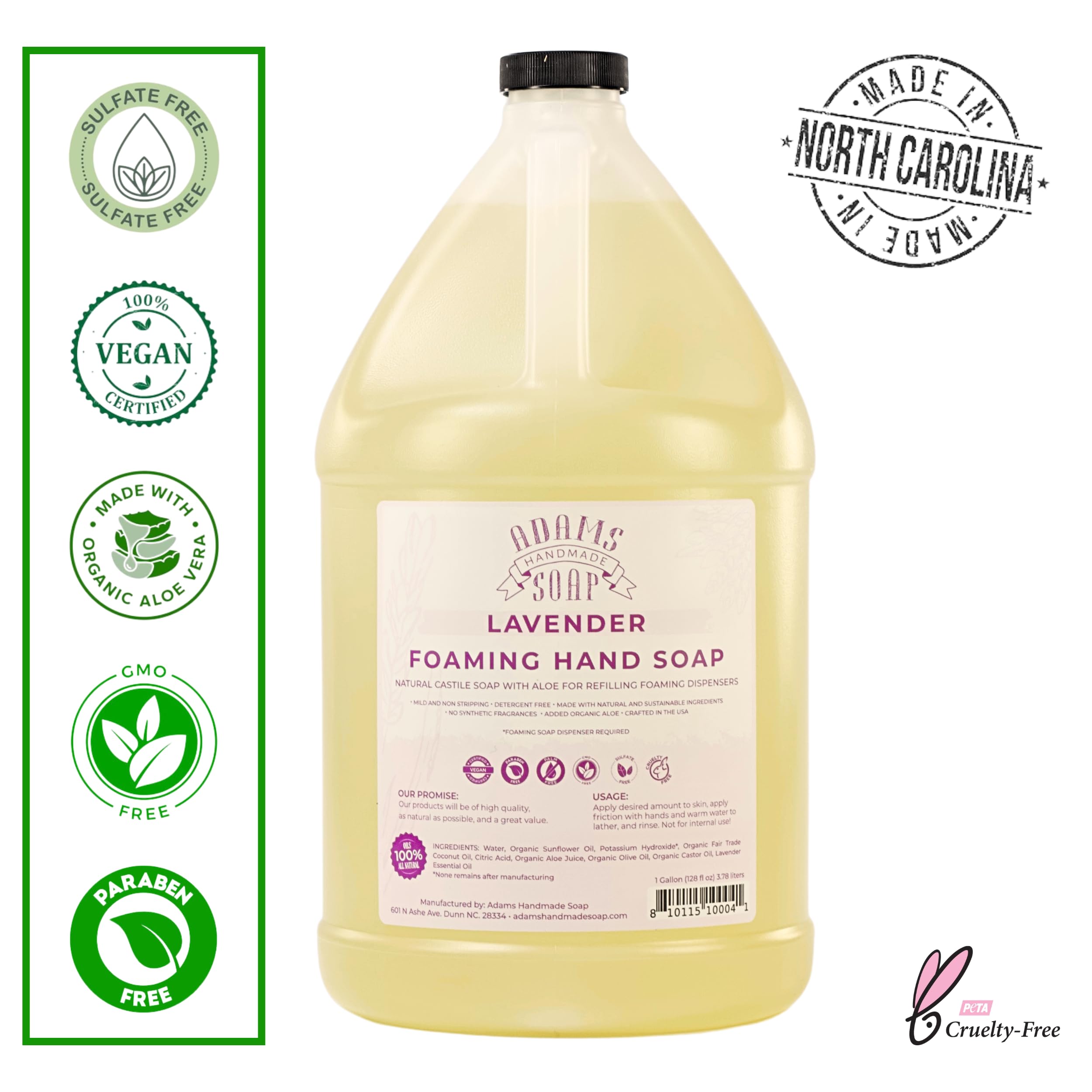 Adams Handmade Lavender Foaming Liquid Soap - 1 Gallon Bulk Refill for Bathroom, Kitchen & Spa | Natural Gentle Cleanser for Hands, Face & Body | Vegan, Cruelty-Free Soap Dispenser Refill (1 Pack)