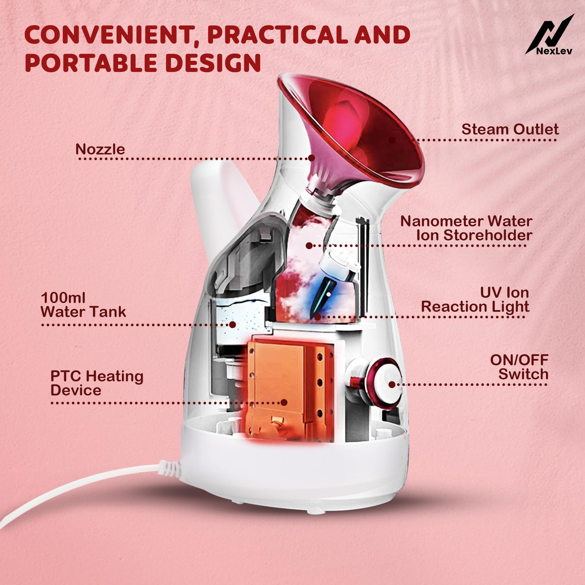 NexLev Steamer for Cold & Cough Relief - Nano Ionic Facial Steam Inhaler & Aromatherapy Vaporizer with UV Sterilization | 30-Second Fast Heating, Burn & Spill Protection | Perfect for Sinus Relief, Dry Skin Care, and Essential Oil Diffusion | Model FS-01