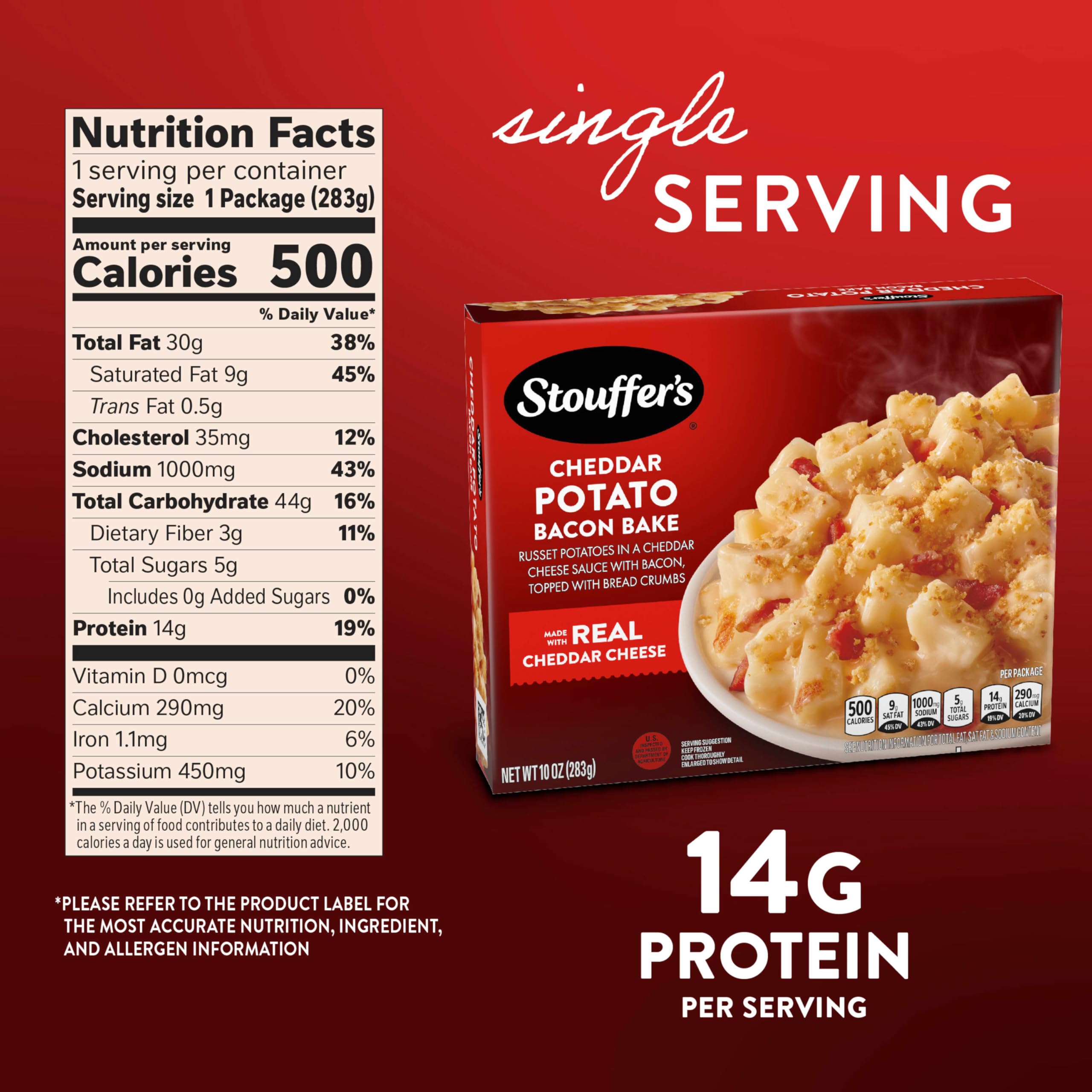 Stouffer’s Cheddar Potato Bacon Bake - Single Serve Frozen Meal | Cheesy Potato Casserole with Bacon | Microwave or Oven Ready | Quick & Easy Dinner for Busy Weeknights, Office Lunch or Late Night Snack