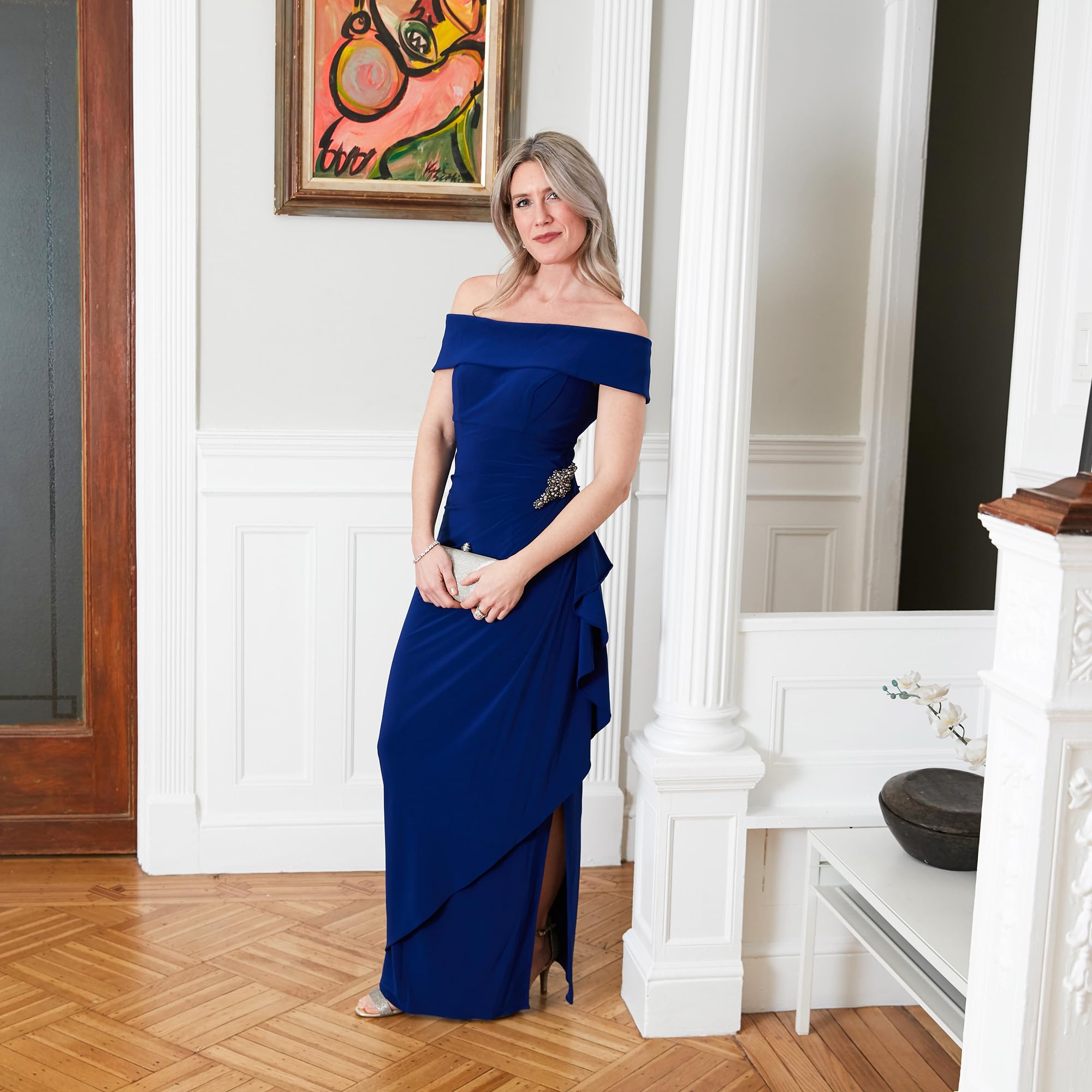 Alex Evenings Women's Long Foldover Off-The-Shoulder Formal Gown - Elegant Mother of The Bride Dress for Weddings, Galas & Special Occasions