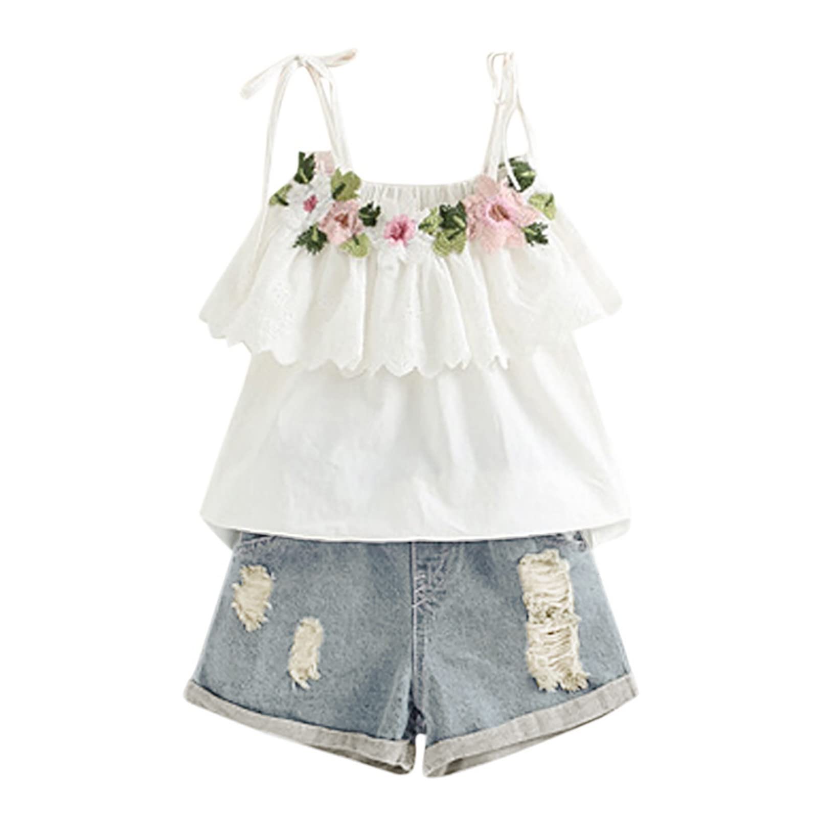 Adorable Baby Girl Outfits Set - Embroidered Toddler T-Shirt & Denim Shorts (6-12 Months, White) | Cute Casual Wear for Playdates & Photo Shoots