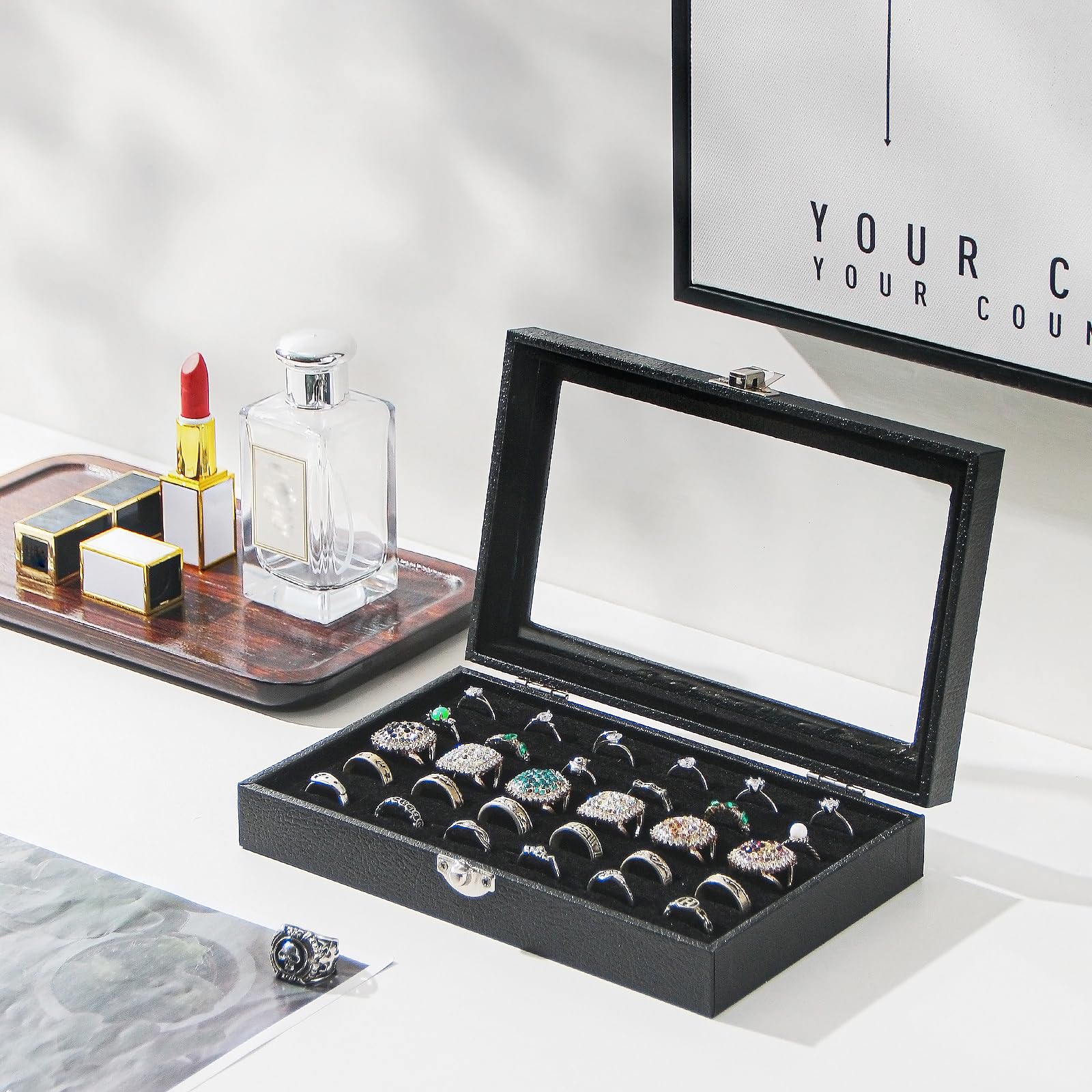 **Elegant Black Ring Organizer Box with 30 Slots - Jewelry & Cufflinks Storage Case for Travel - Perfect Gift for Women & Girls - Ideal for Home, Office & Travel Accessories**