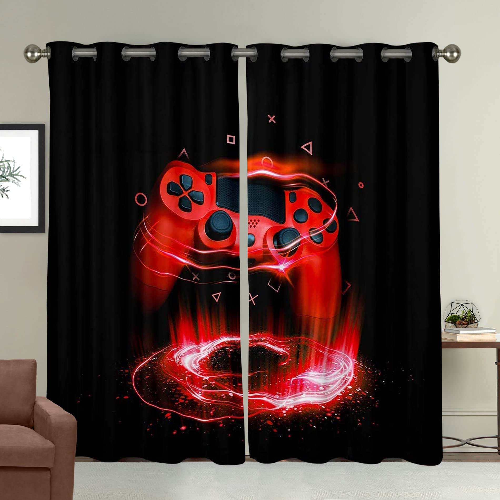 Thermal Insulated Gaming Curtains for Bedroom & Living Room - Geometric Triangle Circle Design Blackout Window Drapes for Boys, Teens & Kids - Perfect for Gaming Rooms, Home Theaters & Light-Sensitive Sleepers (Set of 2 Panels)