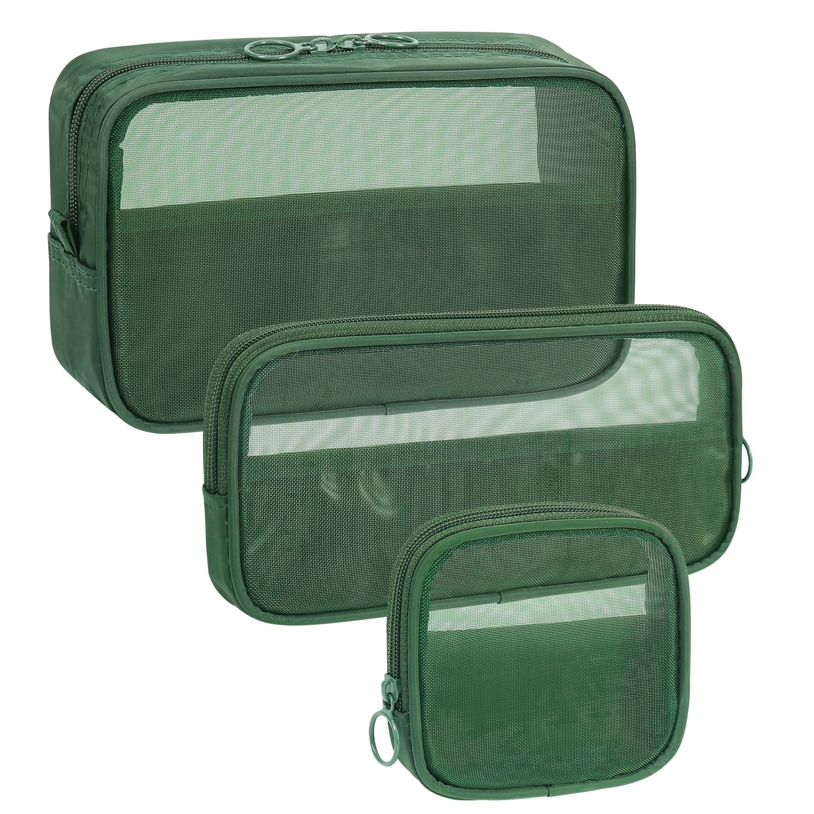 3 Pack Mesh Makeup Bags with Zipper - Nylon Cosmetic Organizer Set for Toiletries, Travel & Diaper Bag (Green) - Perfect for Gym, Vacation & Daily Purse Organization