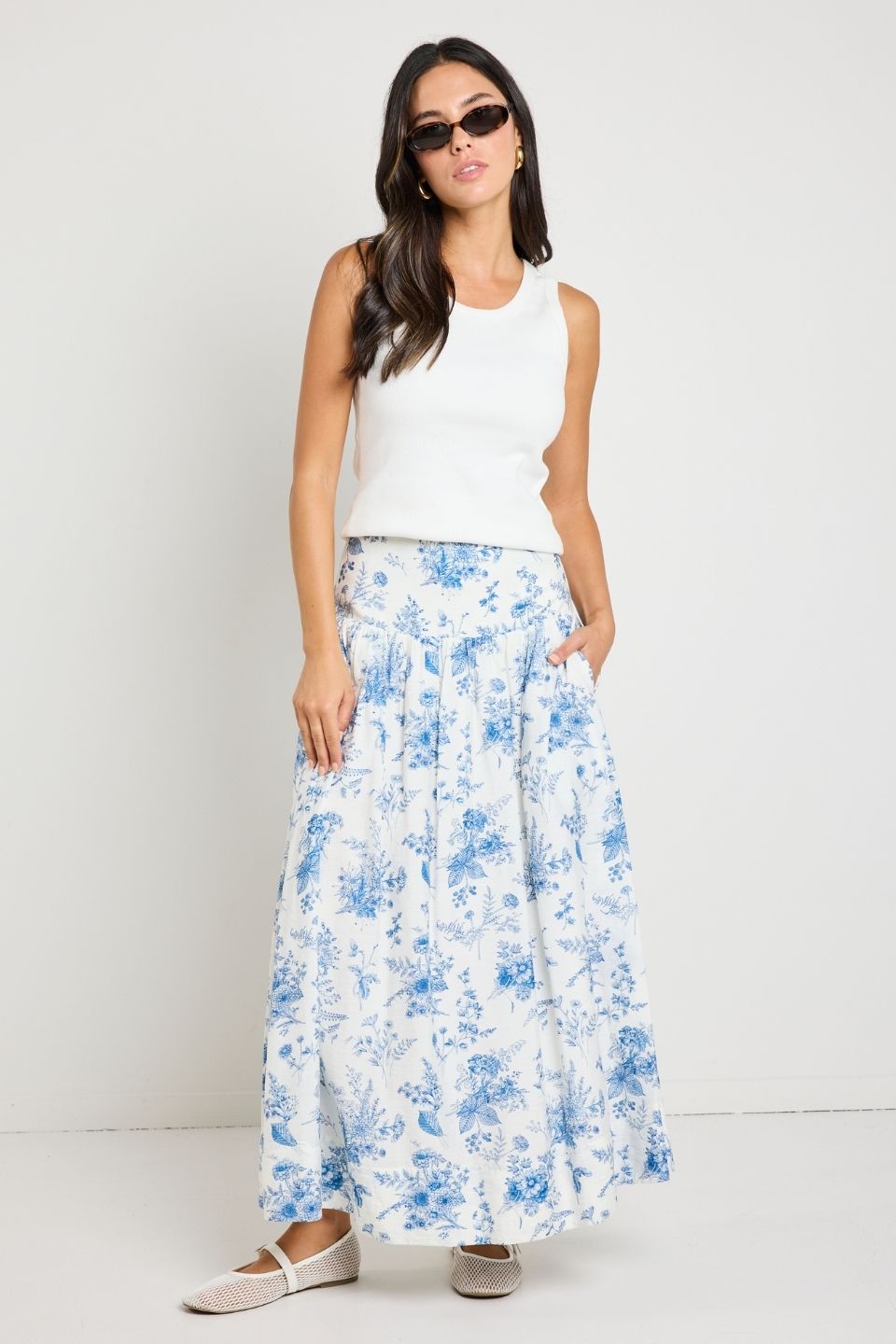Affinity Porcelain Print Shirred Back Tiered Maxi Skirt - Flowy Boho Summer Dress for Women, Beach Vacation & Date Night Outfit