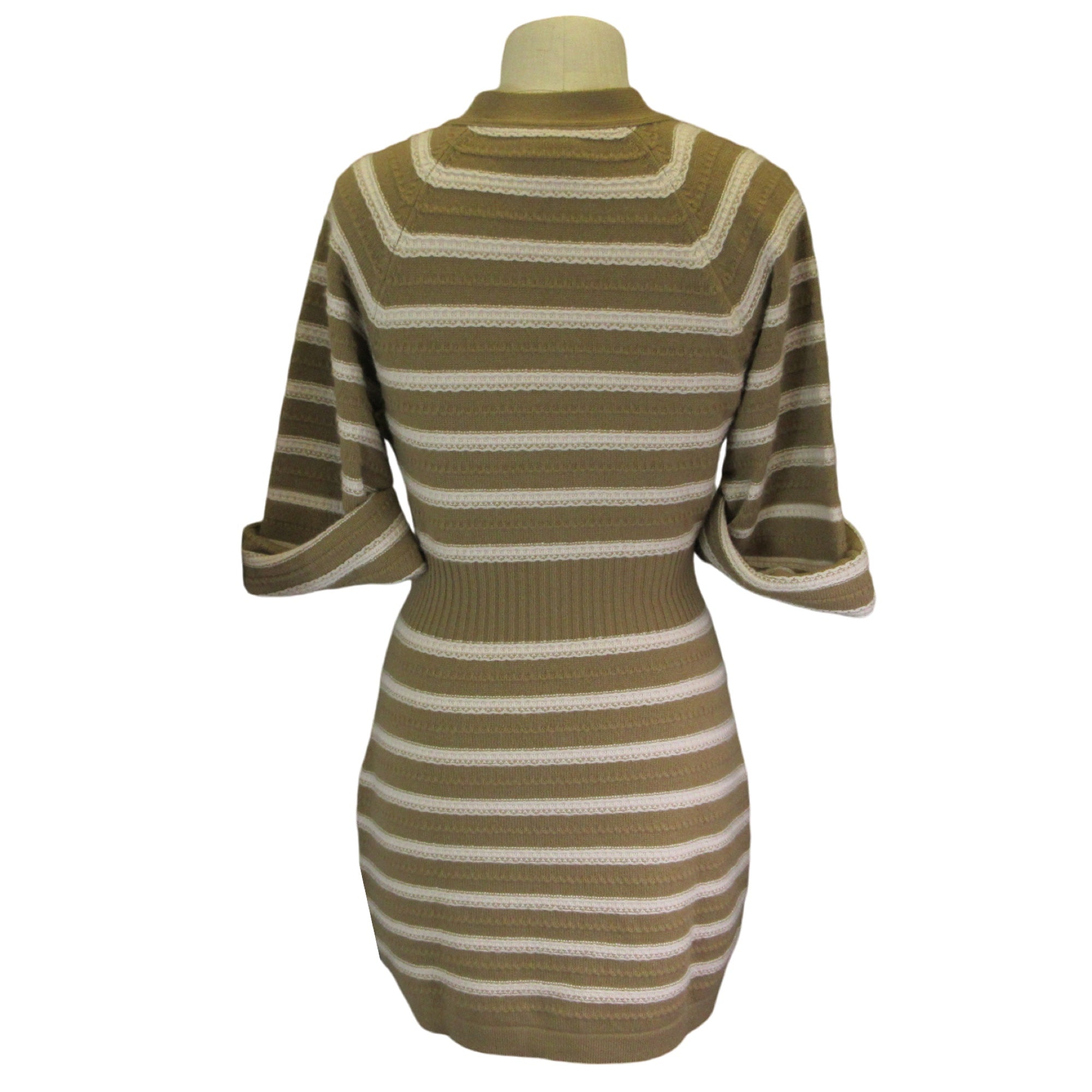 Chanel Ivory & Tan Striped Cashmere Knit Sweater Dress for Women | Button Down Long Sleeve Pullover | Perfect for Fall & Winter Outfits, Office Wear & Date Nights