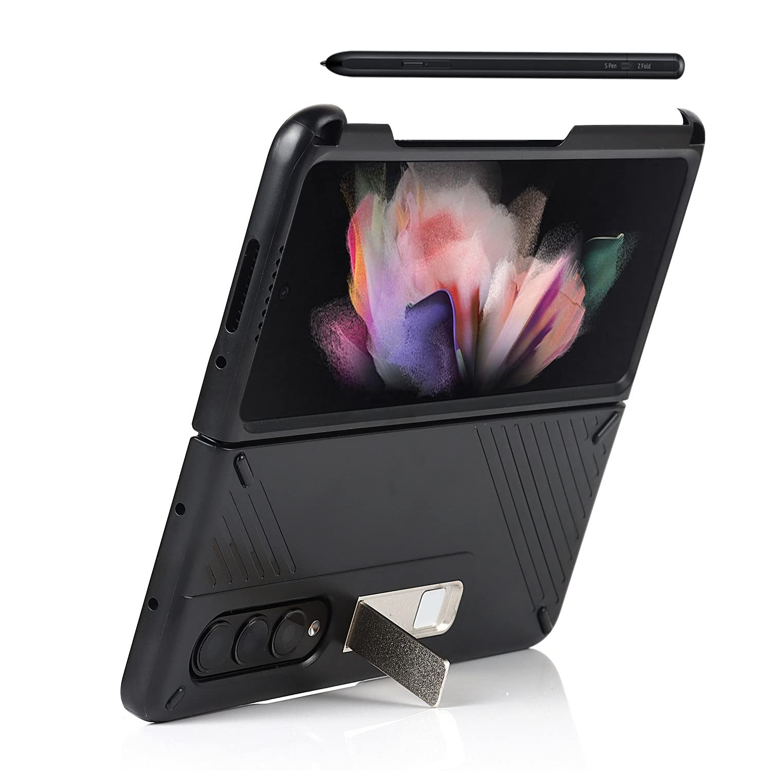 Samsung Galaxy Z Fold 3 Case with S Pen Holder & Kickstand - Shockproof Protective Cover for Z Fold 3 (Black) | Perfect for Work, Travel & Everyday Use