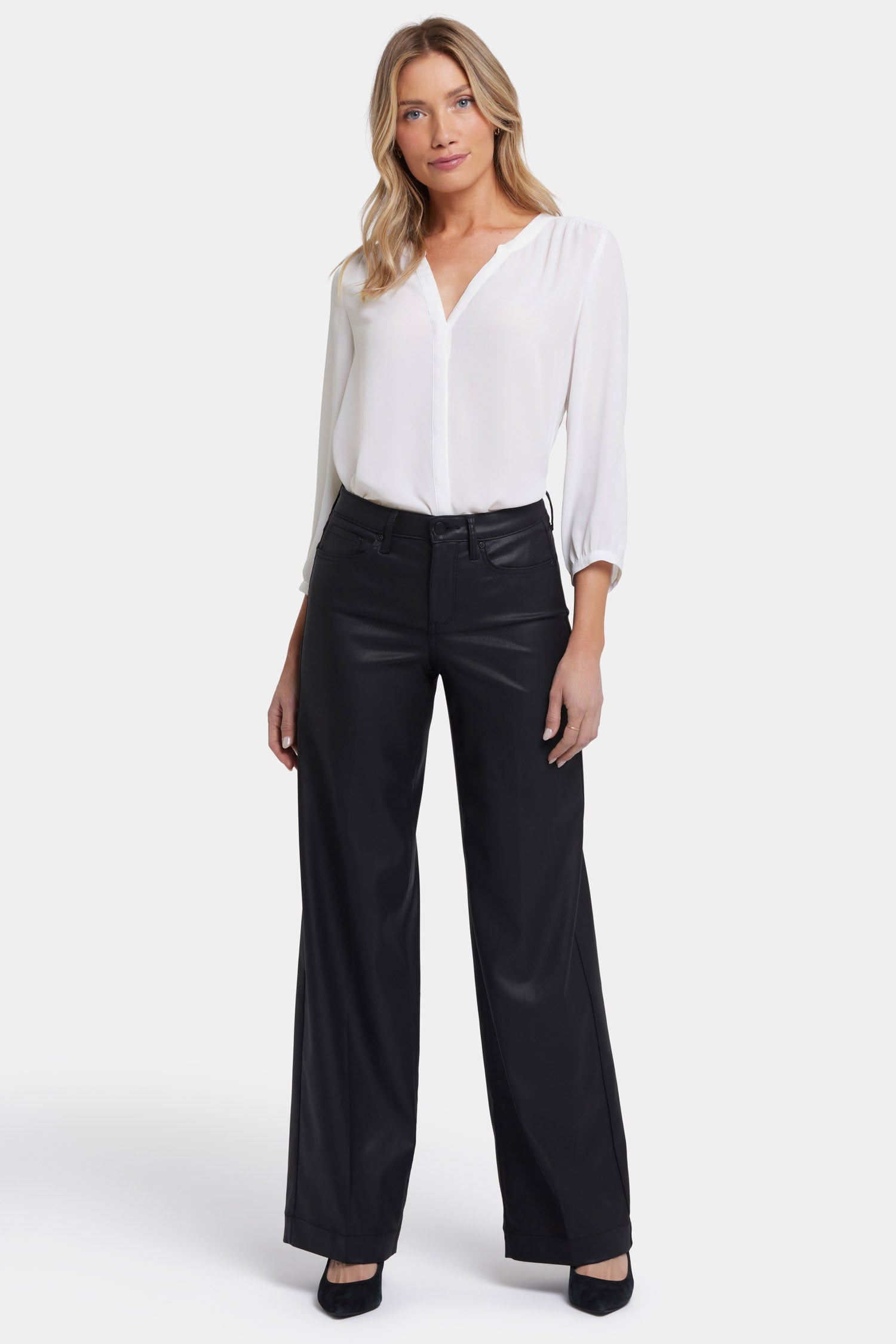 Coated Teresa Wide Leg Jeans for Women - High Waist Stretch Denim Pants in Black - Perfect for Casual Outfits, Office Wear & Night Out
