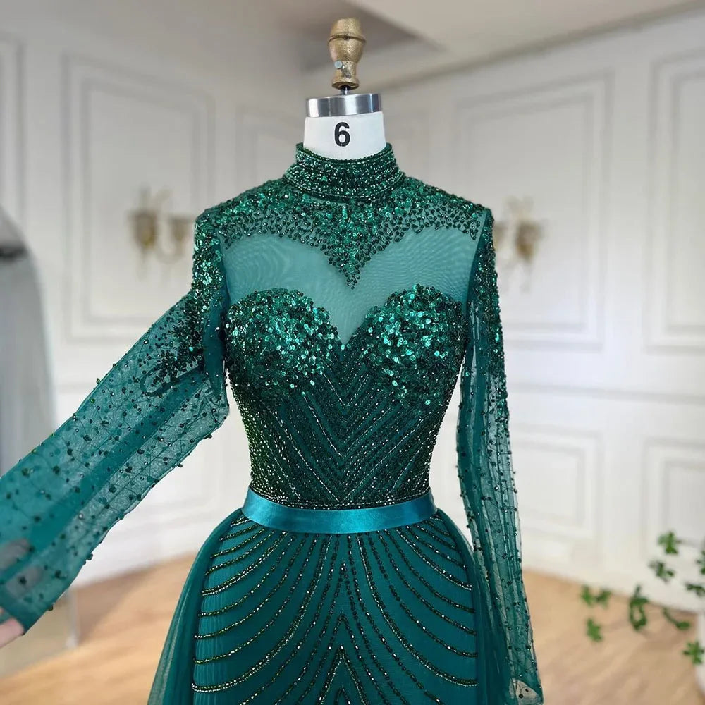 Elegant Muslim Green Mermaid Lace Beaded Arabic Evening Dress for Women - Luxury Wedding Party Gown 2025 LA71913 | Perfect for Bridal Showers, Formal Events & Special Occasions