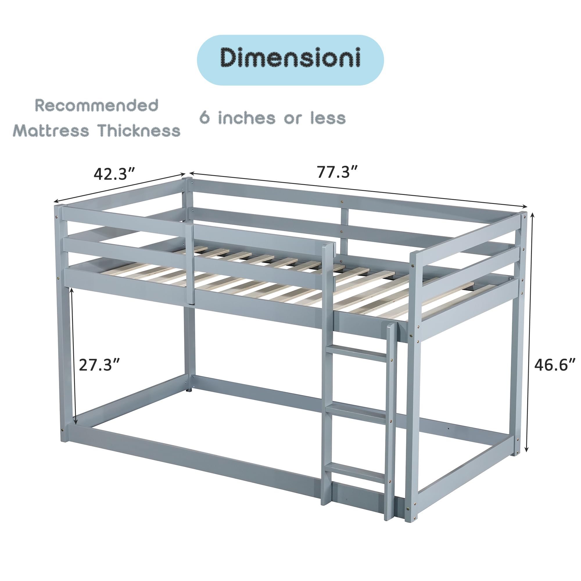Low Bunk Beds Twin Over Twin - Sturdy Wood Floor Bunk Bed Frame with Safety Rails for Kids, Teens, Boys & Girls - Space-Saving Junior Loft Bed for Small Rooms, Dorms & Shared Kids Bedrooms - Gray