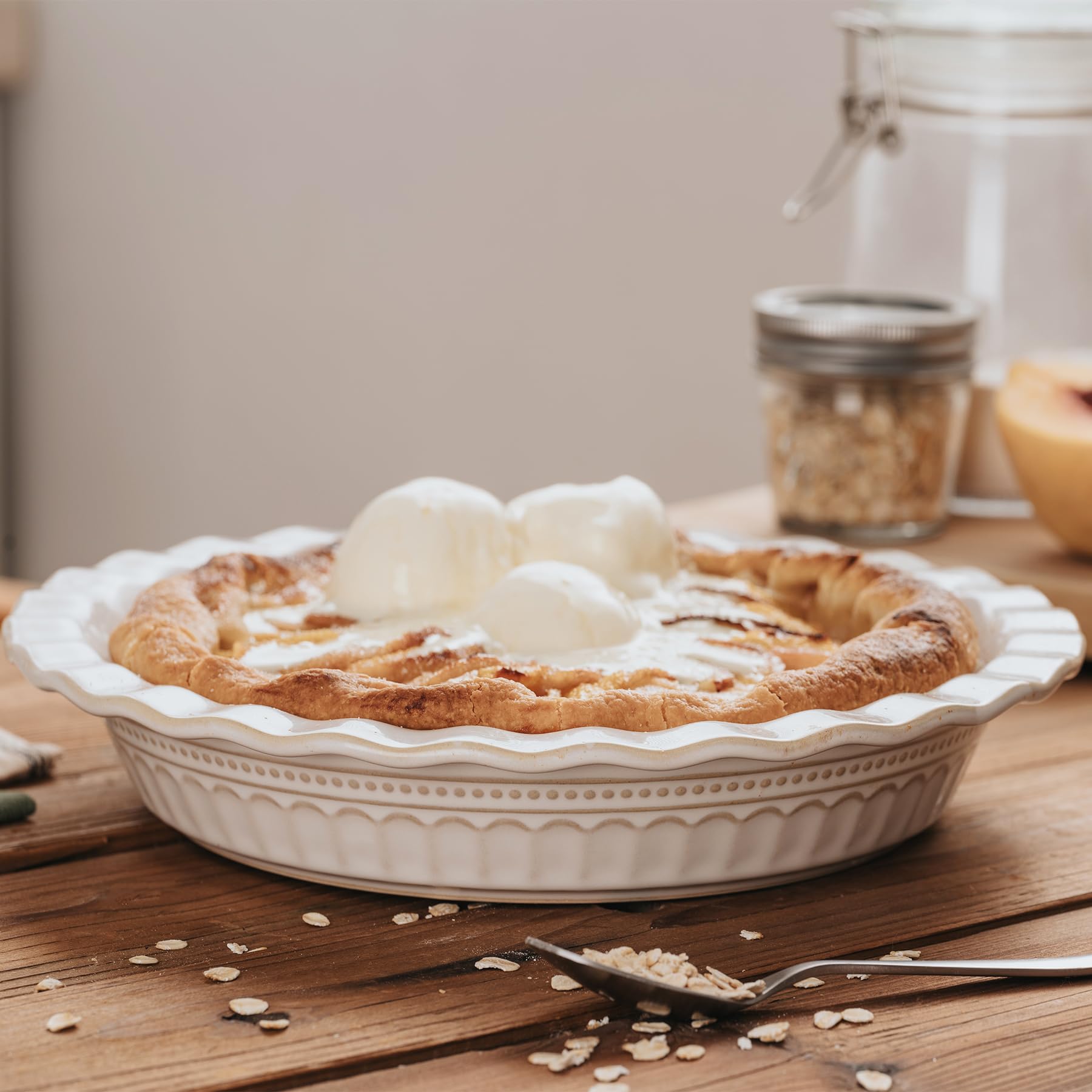 2-Pack 9 Inch Ceramic Pie Pans for Baking - Vintage Farmhouse Style Round Pie Dish, Oven & Dishwasher Safe, Off-White - Perfect for Apple Pies, Pumpkin Pies & Holiday Desserts
