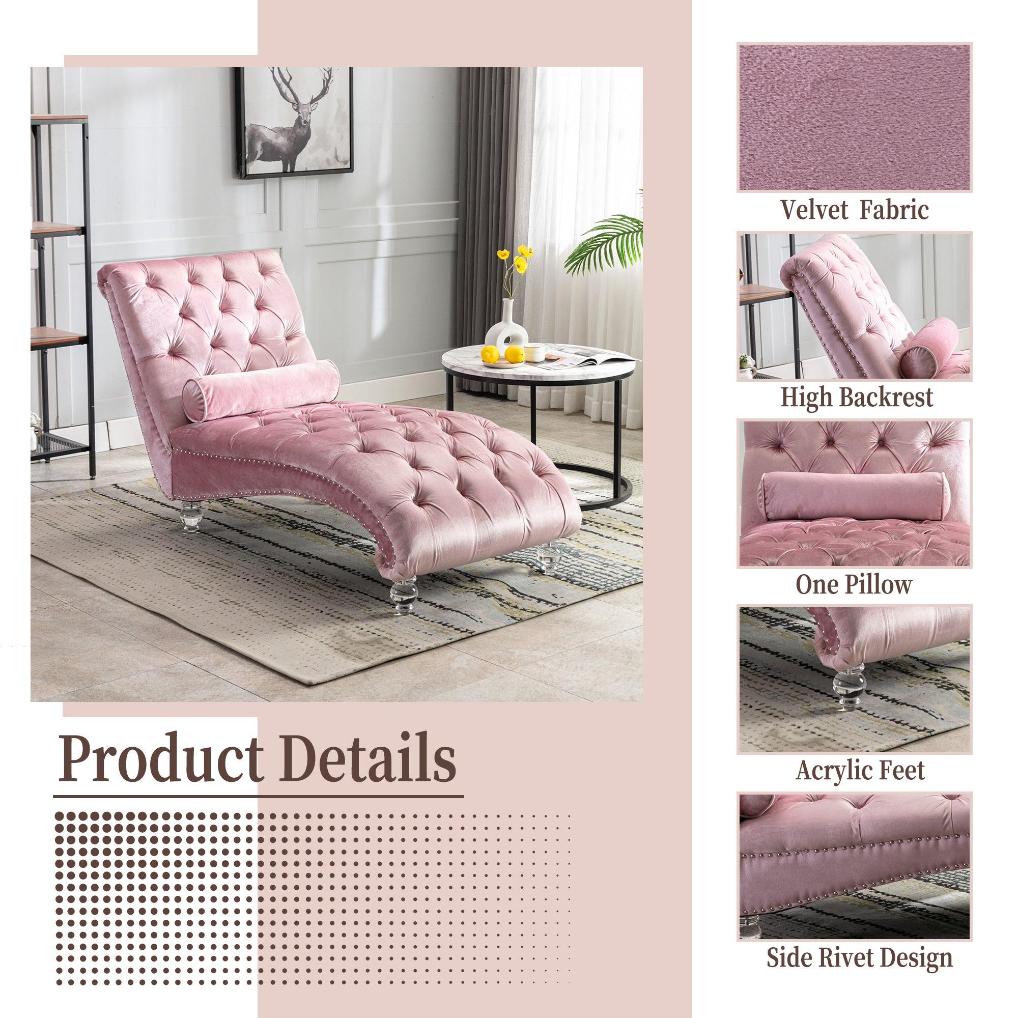 Luxury Velvet Chaise Lounge Chair - Button Tufted Upholstered Sofa with Pillow for Bedroom, Living Room & Office - Pink Velvet Chaise Lounge - Perfect for Reading Nook, Home Decor & Relaxation