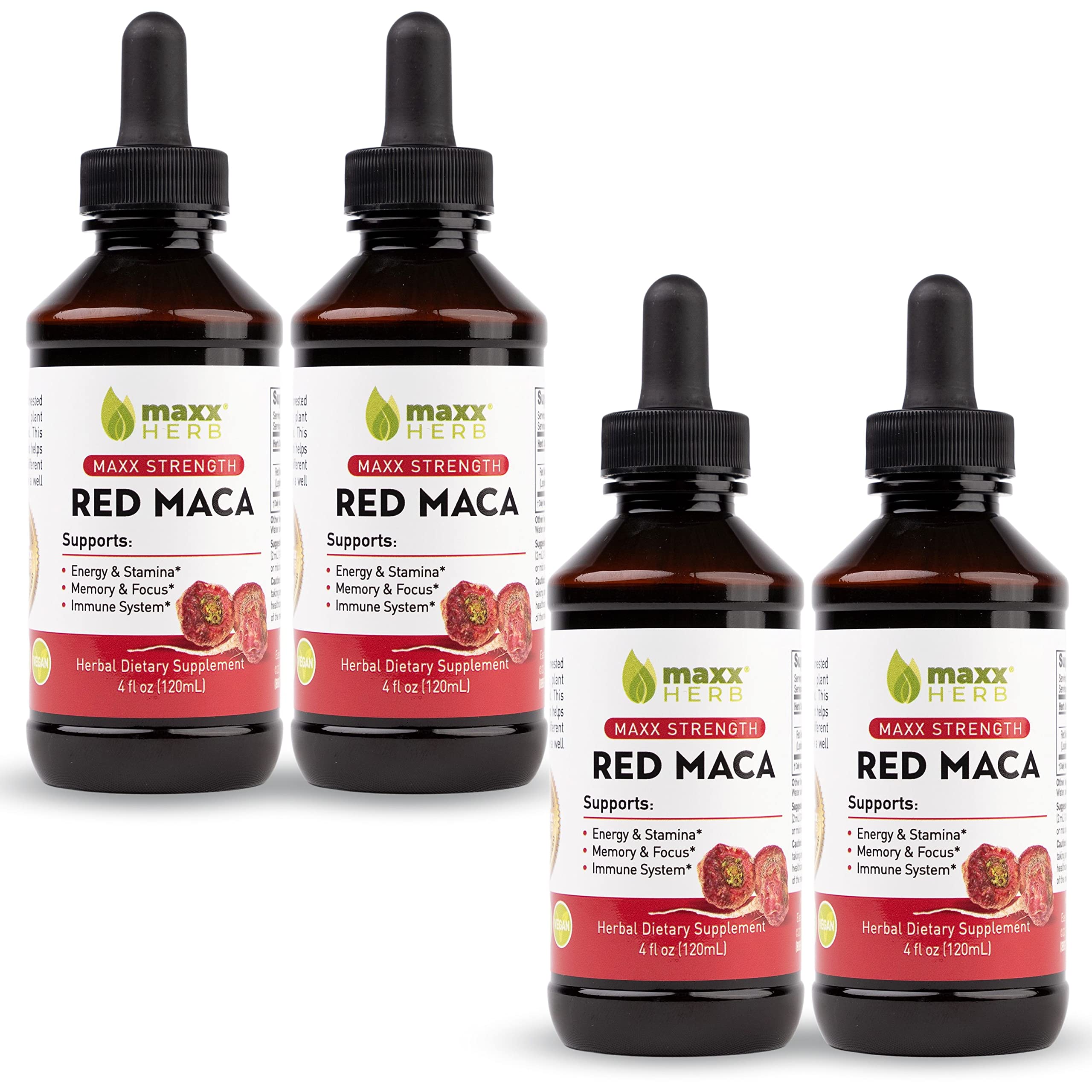 Maxx Herb Red Maca Root Extract - Max Strength Liquid Drops for Energy, Memory & Focus - Alcohol-Free Supplement - Better Absorption Than Powder or Capsules - 4 Bottles (4oz Each, 240 Servings) - Perfect for Workout Boosting, Study Focus & Daily Wellness Support