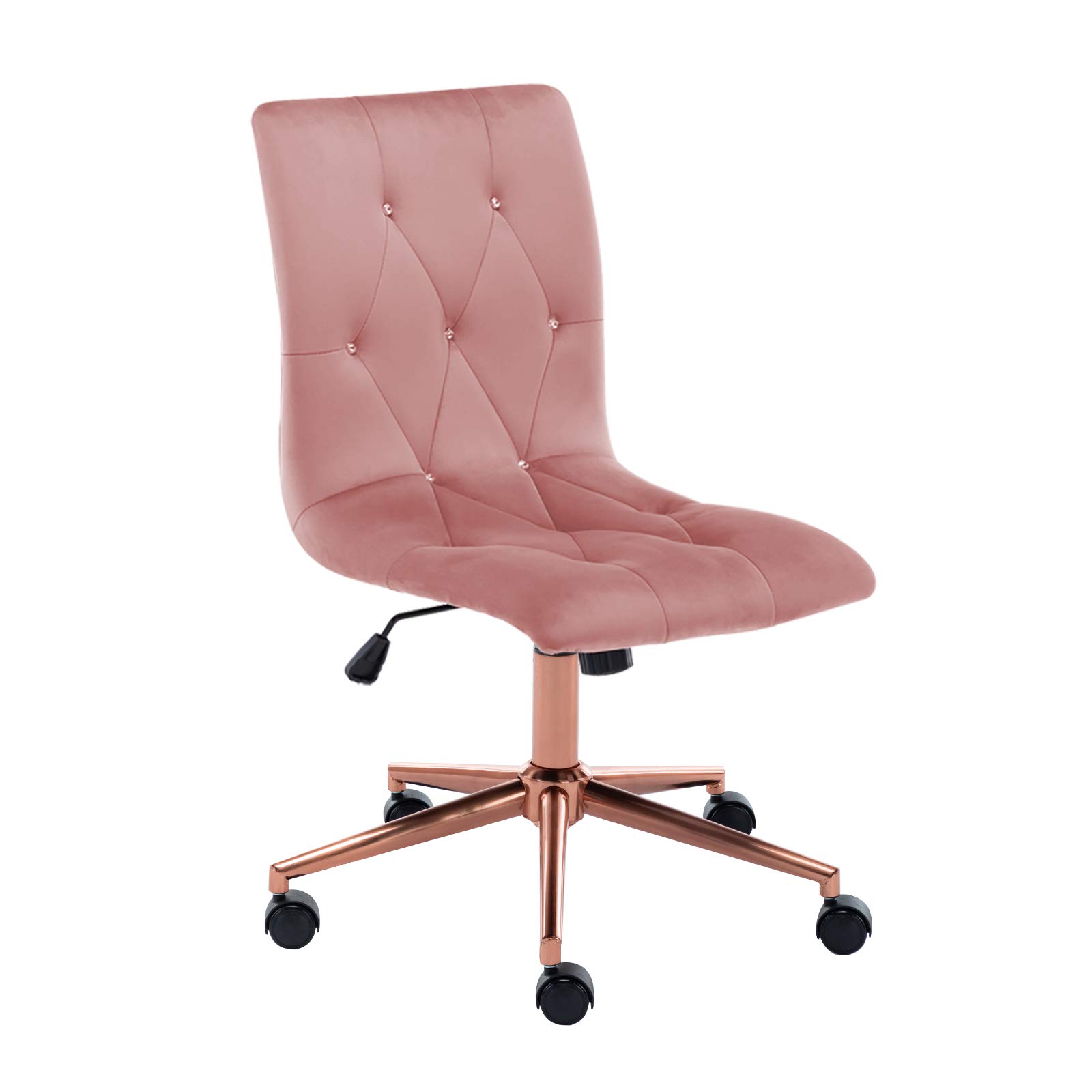 DUHOME Velvet Tufted Armless Office Chair with Golden Base - Adjustable Rolling Desk Chair for Home Office, Computer Work & Vanity - Pink Modern Ergonomic Swivel Chair with Wheels | Perfect for Small Spaces, Gaming Setup & Makeup Station