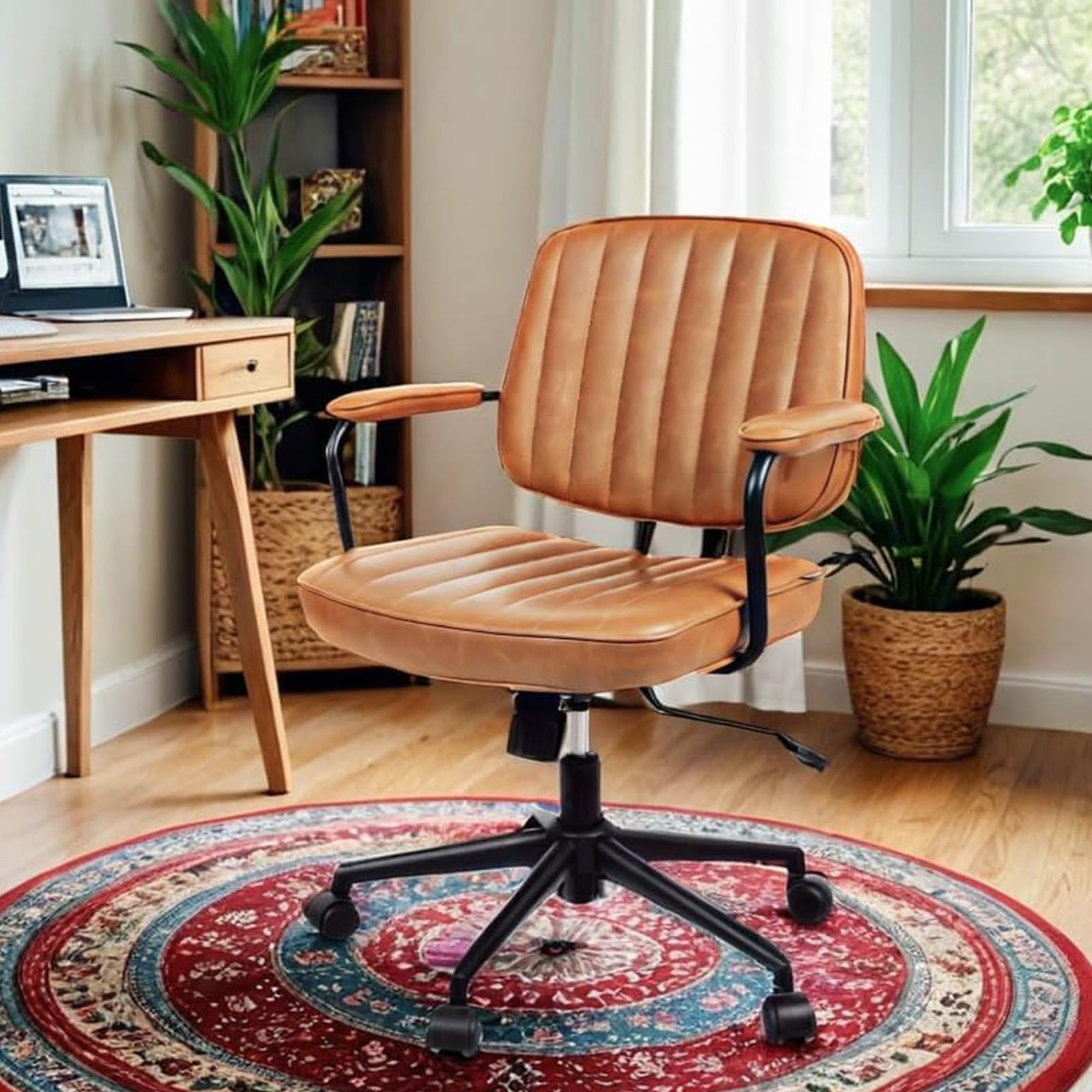 Artswish Brown Leather Mid Century Desk Chair - Adjustable Height & Backrest, Ergonomic Office Chair with Arms & Wheels - Perfect for Home Office, Study Room & Workspace