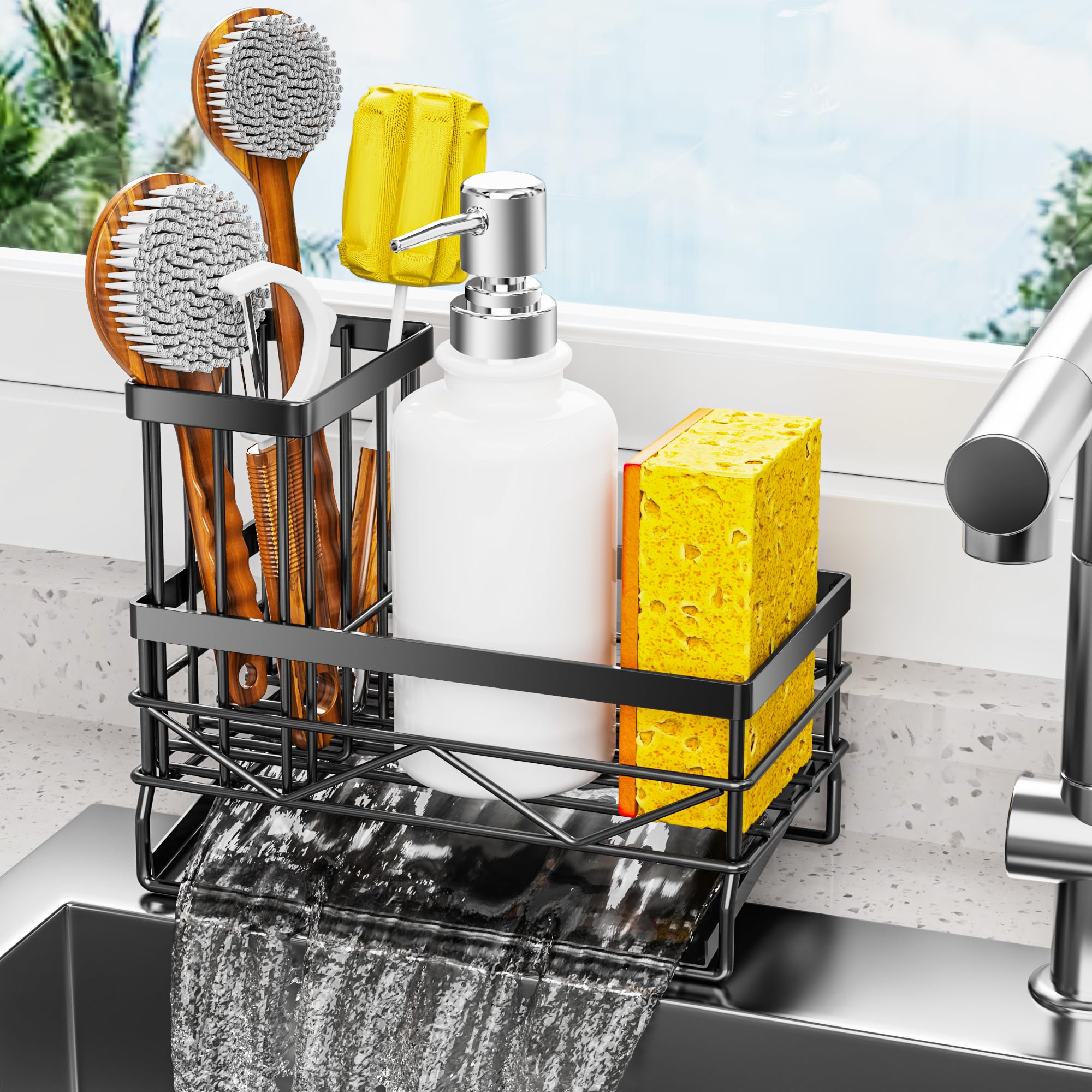 Stainless Steel Kitchen Sink Organizer with Sponge & Brush Holder - Rustproof 304 Sink Caddy for Sponges, Soap & Cleaning Tools | Compact Black Sink Accessory for Organized Kitchen Countertop & Dishwashing Area