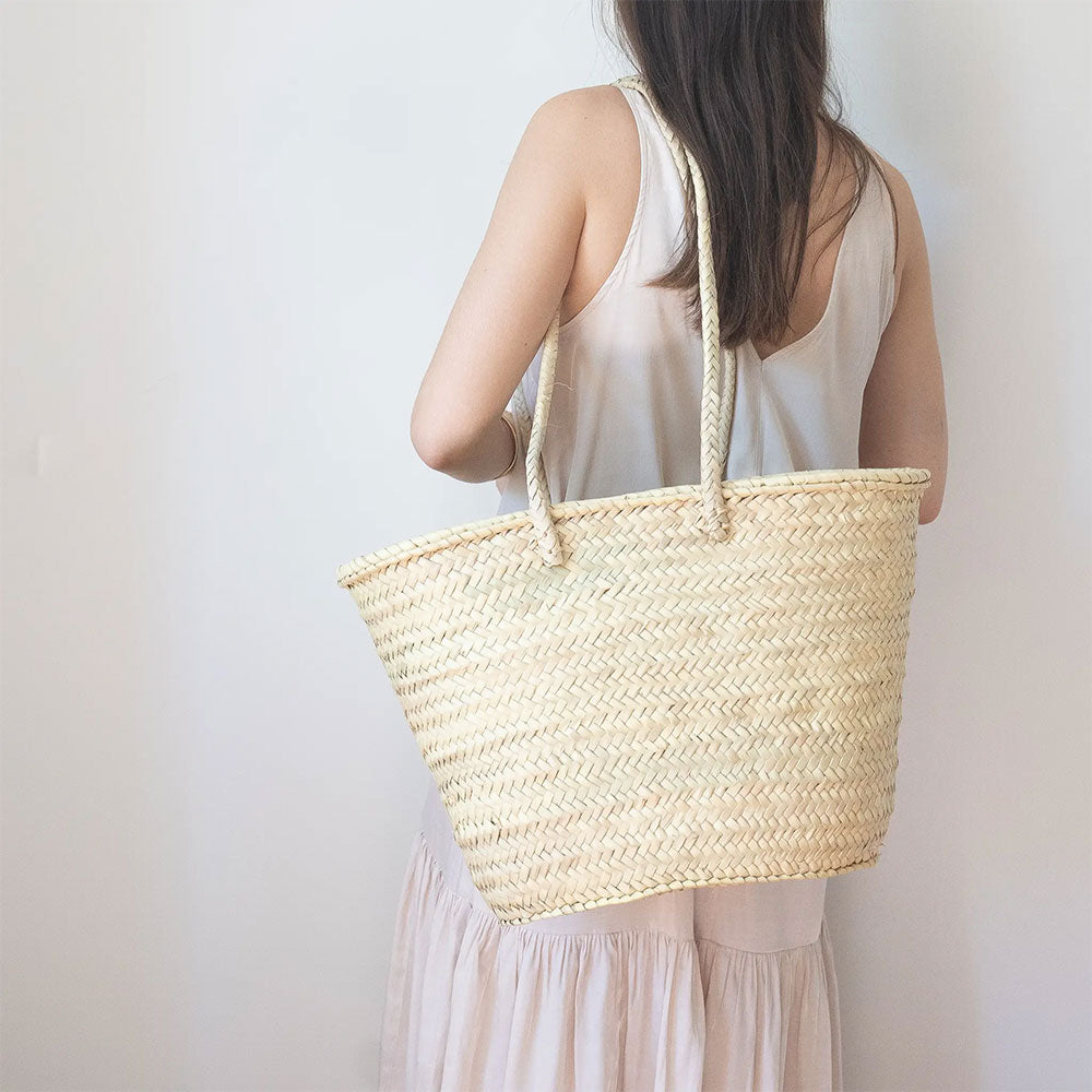 Handwoven Moroccan Palm Leaf Basket with Long Handles - Eco-Friendly Storage & Decor for Home, Beach, or Picnic Use