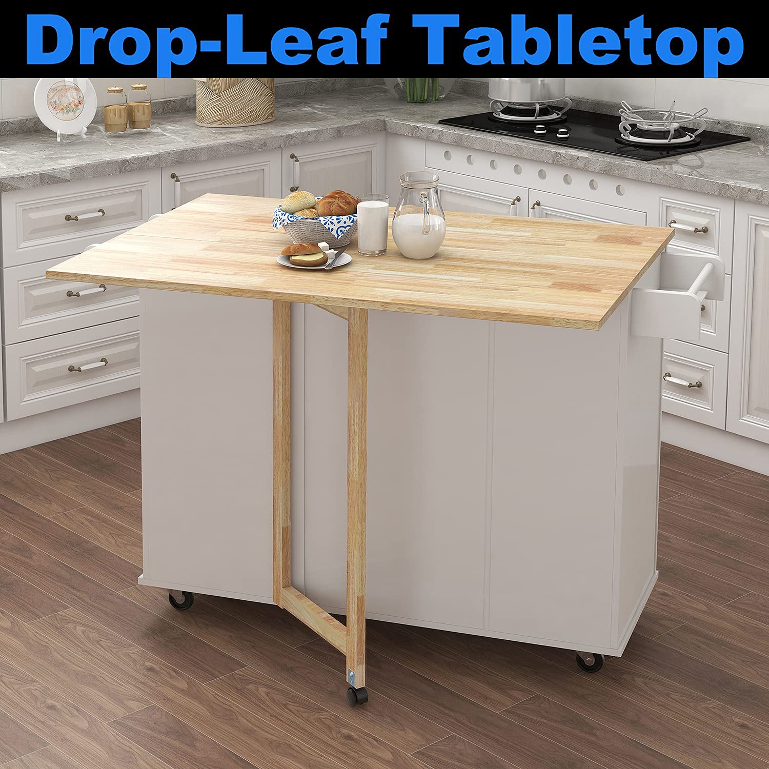 Upgraded Thick Wood Kitchen Island Cart with Wheels & Drop-Leaf Top - Large Folding Extendable Dining Table Cart with Storage Cabinet & 3 Drawers (White) | Perfect for Small Kitchens, Breakfast Nooks & Entertaining Guests