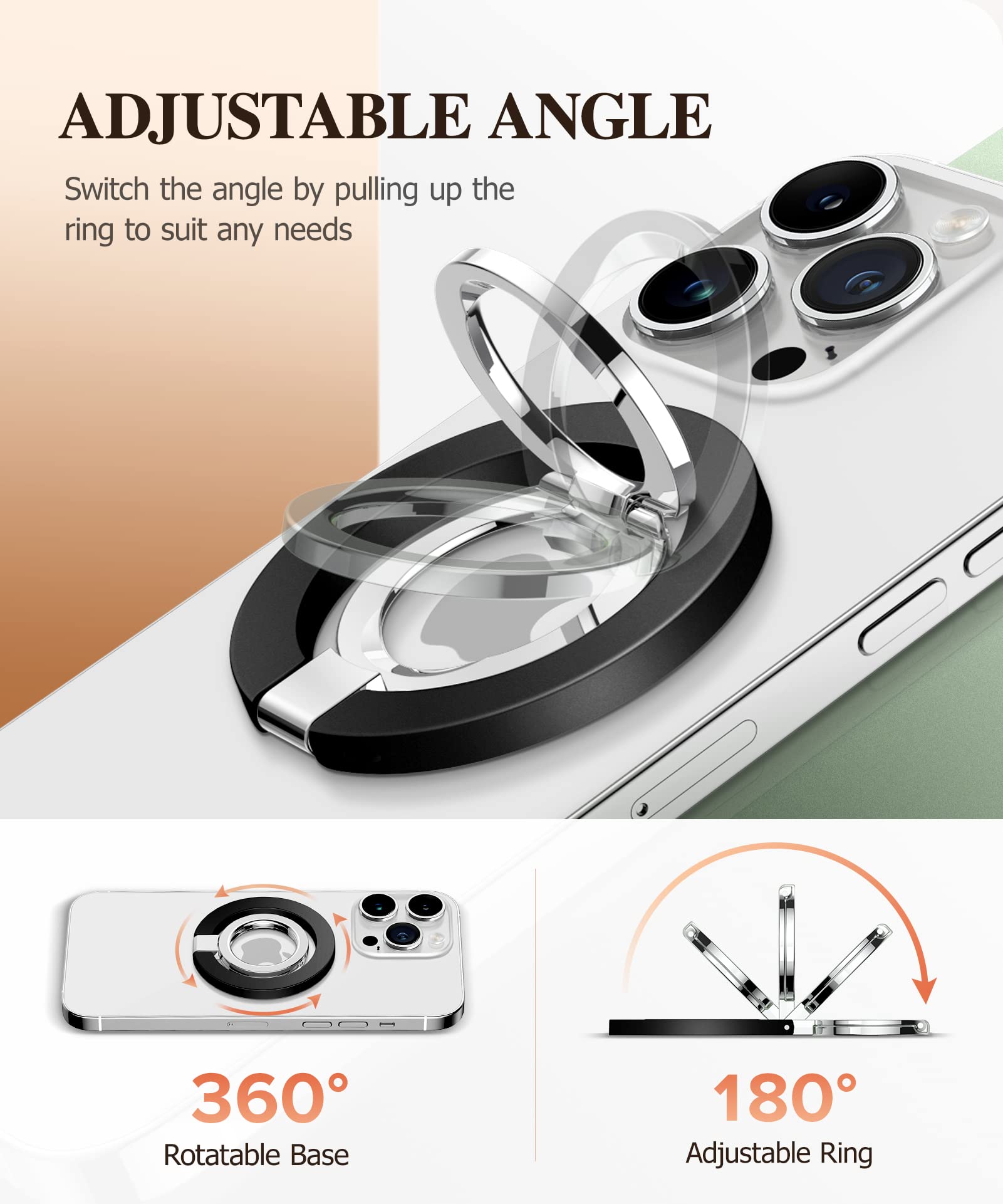 GVIEWIN Magnetic Phone Ring Holder - Adjustable Kickstand & Finger Grip Compatible with iPhone 14 Pro Max/13/12 Series & MagSafe Smartphones (Black) | Perfect for Hands-Free Viewing, Secure Grip & Mobile Photography