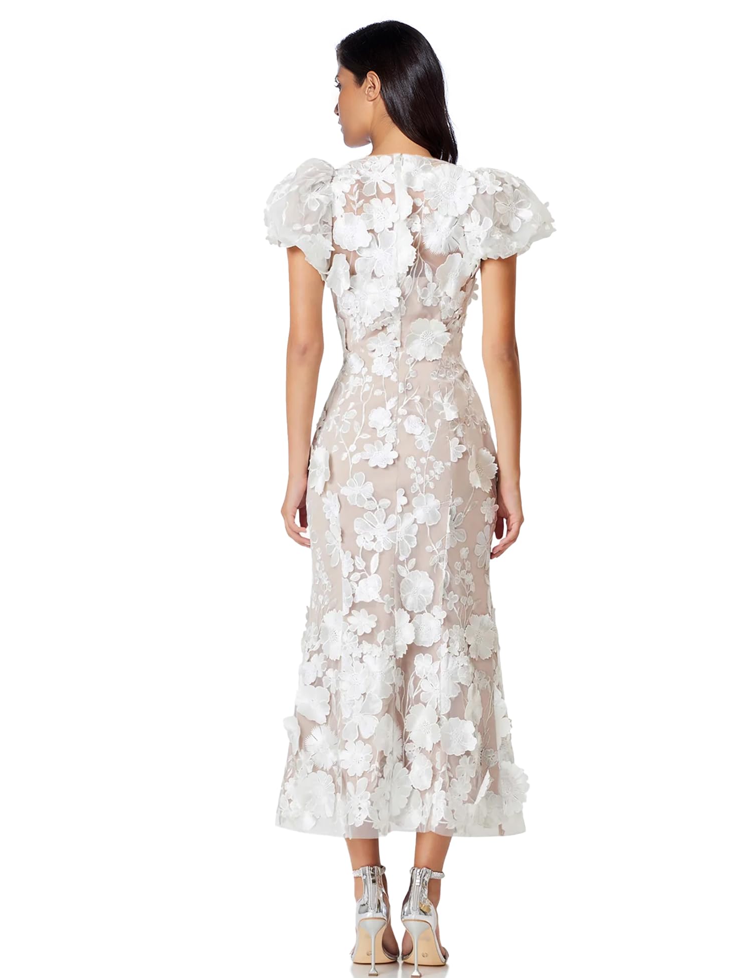 Floral Embroidery Maxi Dress for Women - Elegant Puff Sleeve High Neck Lace Bodycon Dress for Wedding Guest, Evening Party & Cocktail Events | Perfect for Summer Weddings, Garden Parties & Formal Occasions