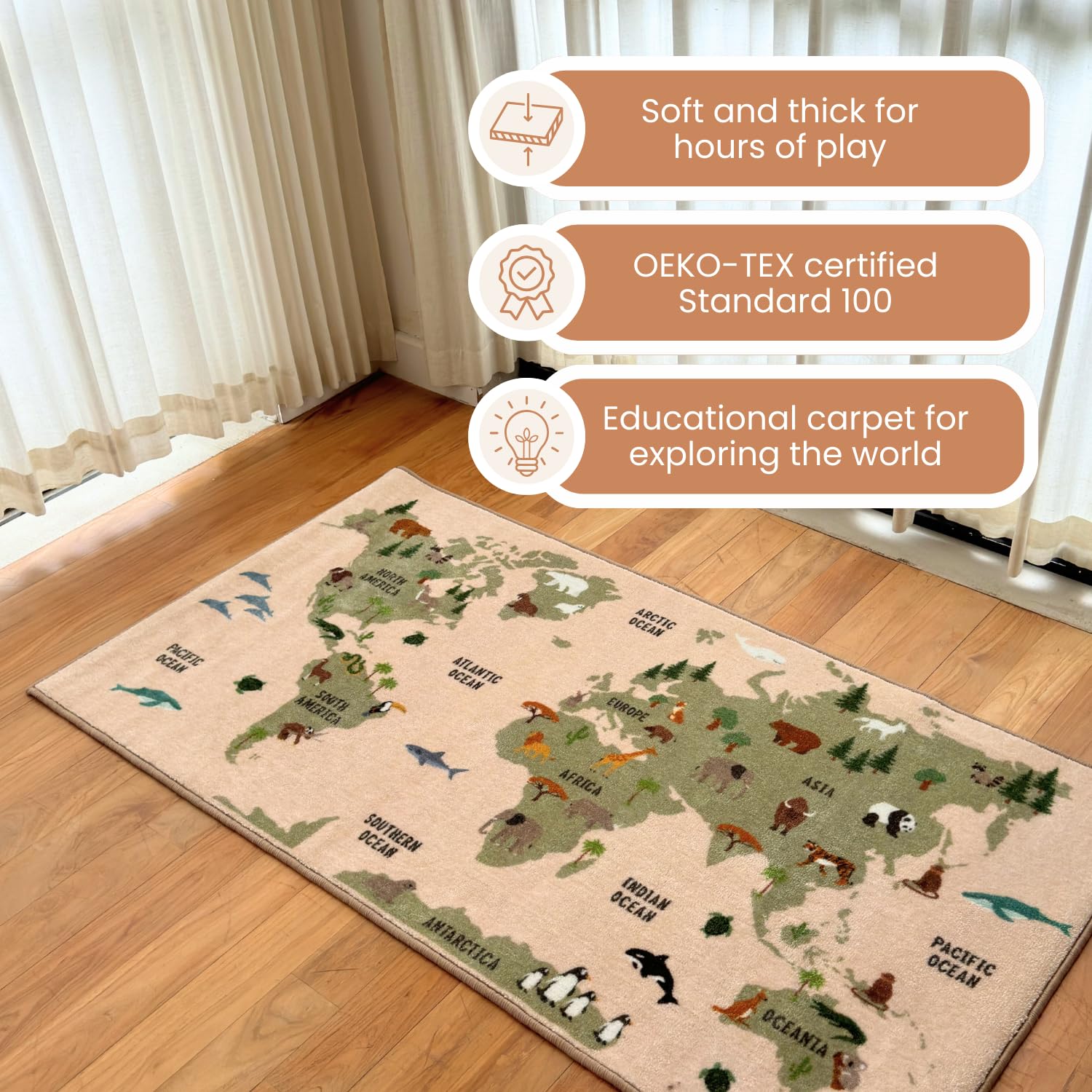 59 x 31 Inch World Map Educational Kids Carpet with Animals, Continents & Oceans - Soft Non-Slip Playmat Rug for Children's Bedroom, Nursery or Playroom - Perfect for Learning Geography & Fun Playtime