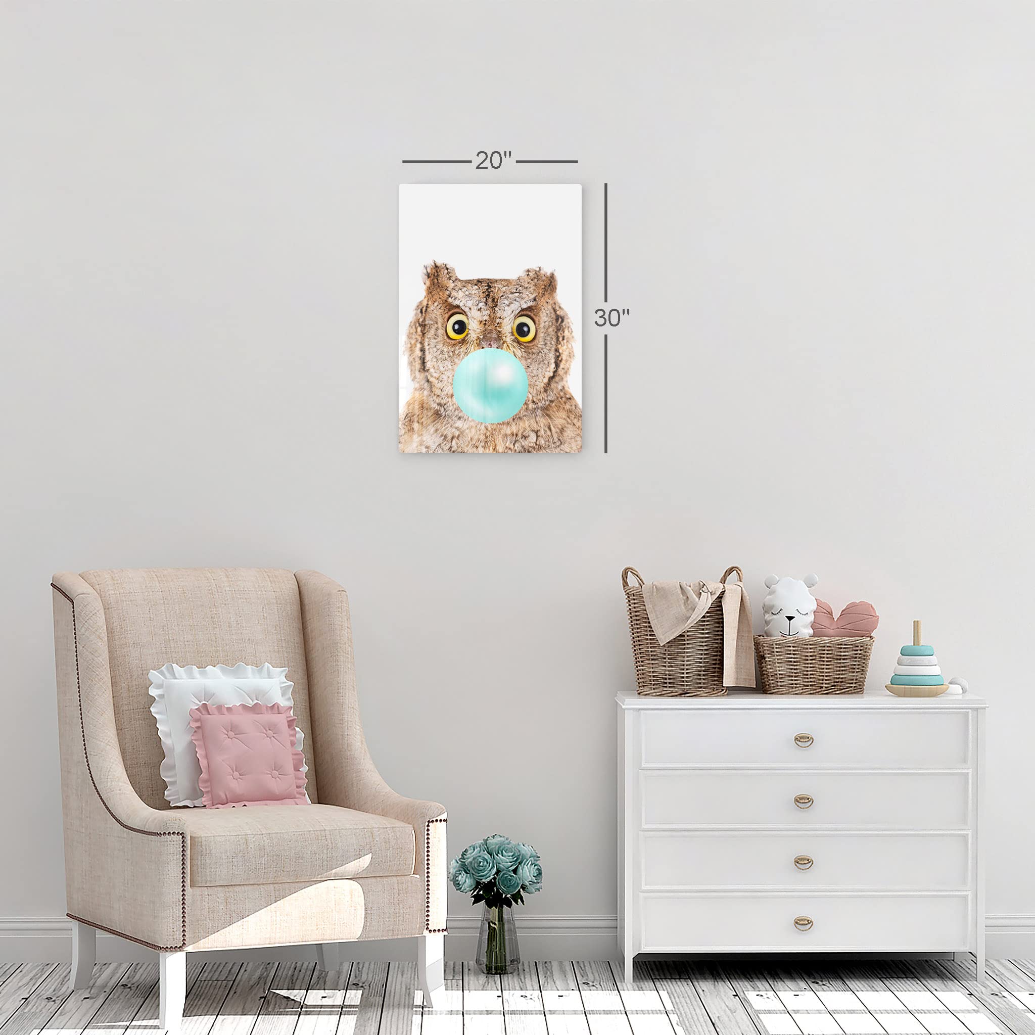 Eurasian Scops Owl Chewing Blue Bubble Gum Metal Wall Art Print - 12x8 Inch African Safari Animal Pop Art for Office, Living Room, Bedroom & Nursery Decor | Unique Home & Gift Idea for Animal Lovers
