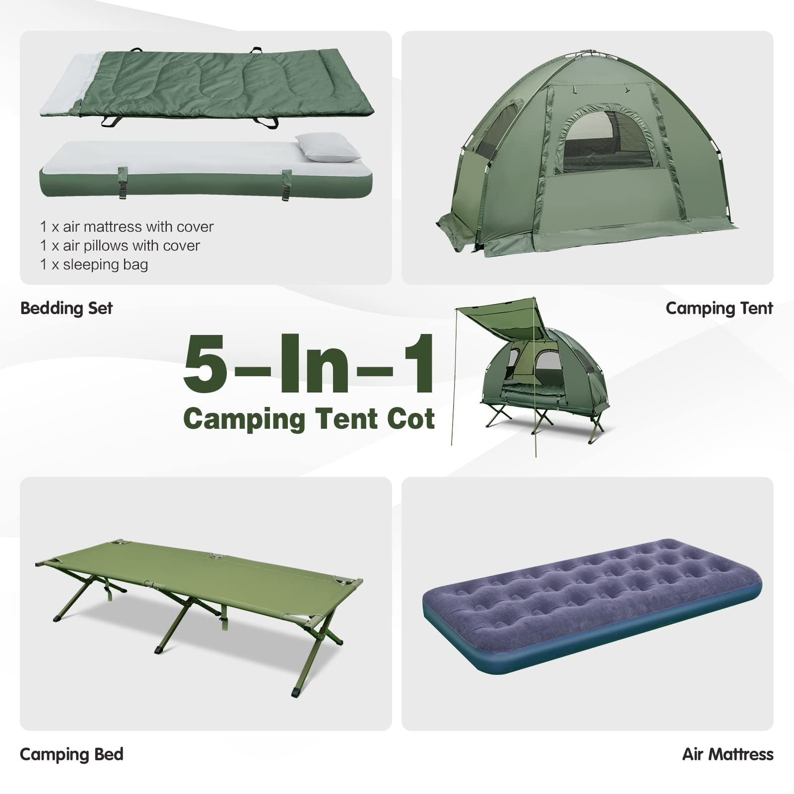 Nightcore Single Person Camping Tent with Air Mattress & Pillow - Portable Folding Cot with Metal Frame, Polyester Canopy & Sleeping Bag - Military Green (76”x31”x63”) for Outdoor Adventures, Backpacking, Hiking & Family Picnics