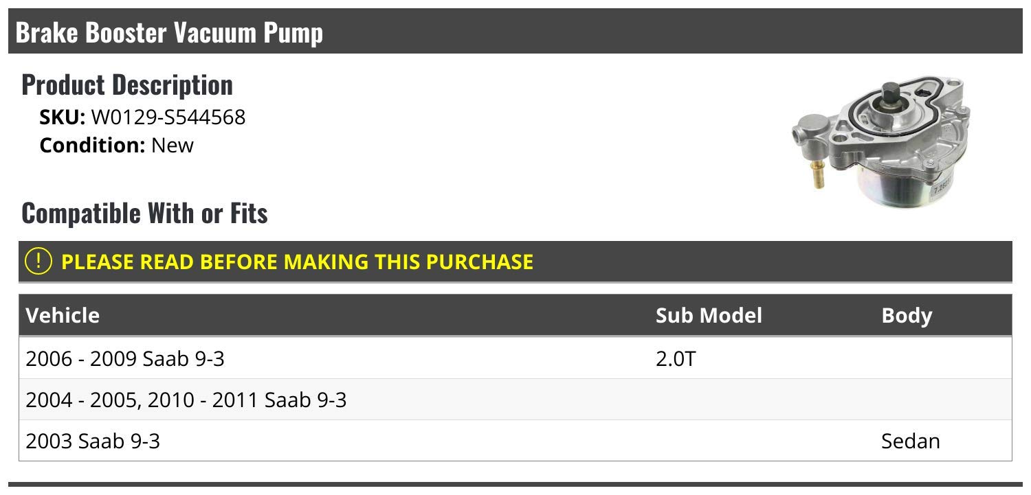 High-Performance Brake Booster Vacuum Pump for 2003-2011 Saab 9-3 2.0T Sedan | Direct Fit Replacement | Improves Braking Power & Safety | Ideal for City Driving & Highway Commutes
