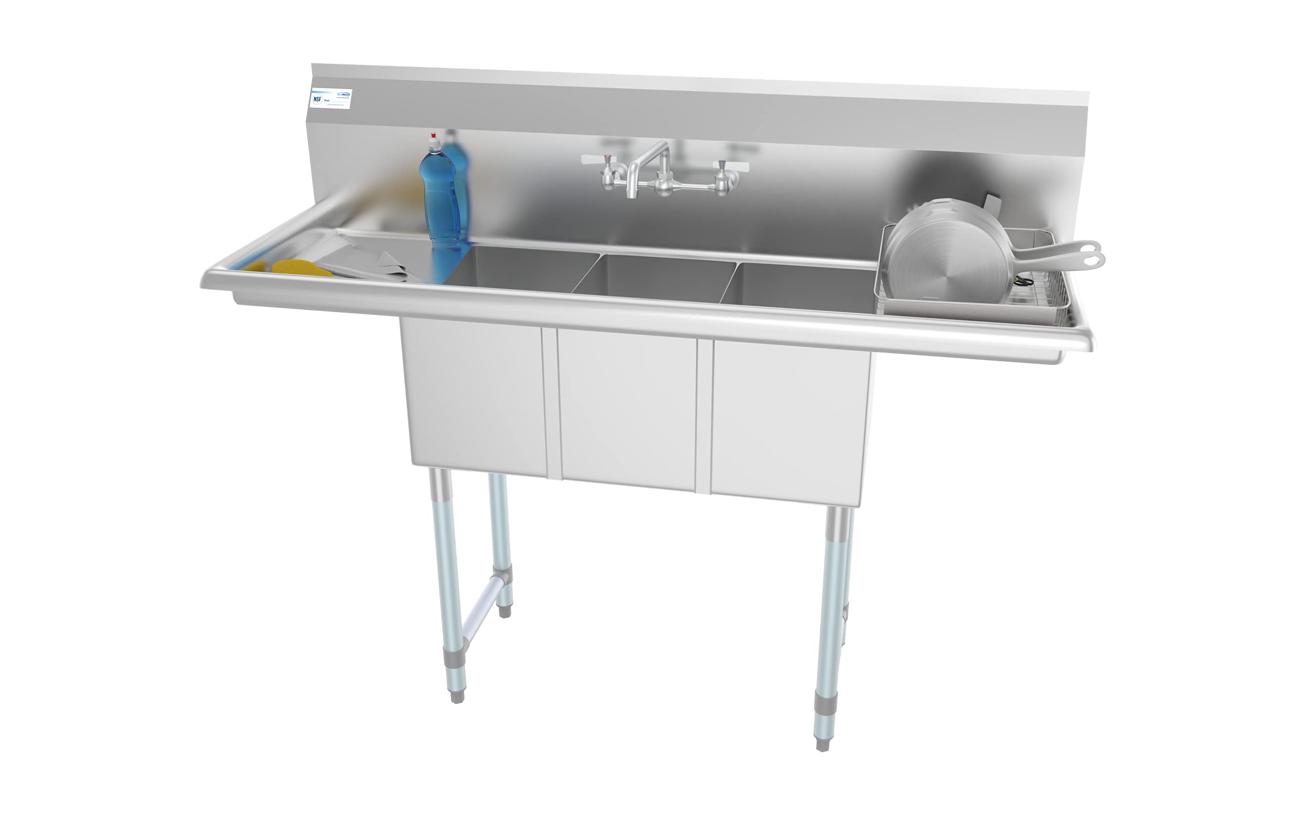 KoolMore 3-Compartment NSF Certified Commercial Stainless Steel Kitchen Sink with Faucet & Cross-Braced Legs - Silver (SC101410-12B3FA) | Ideal for Restaurants, Cafeterias & High-Traffic Food Service Areas