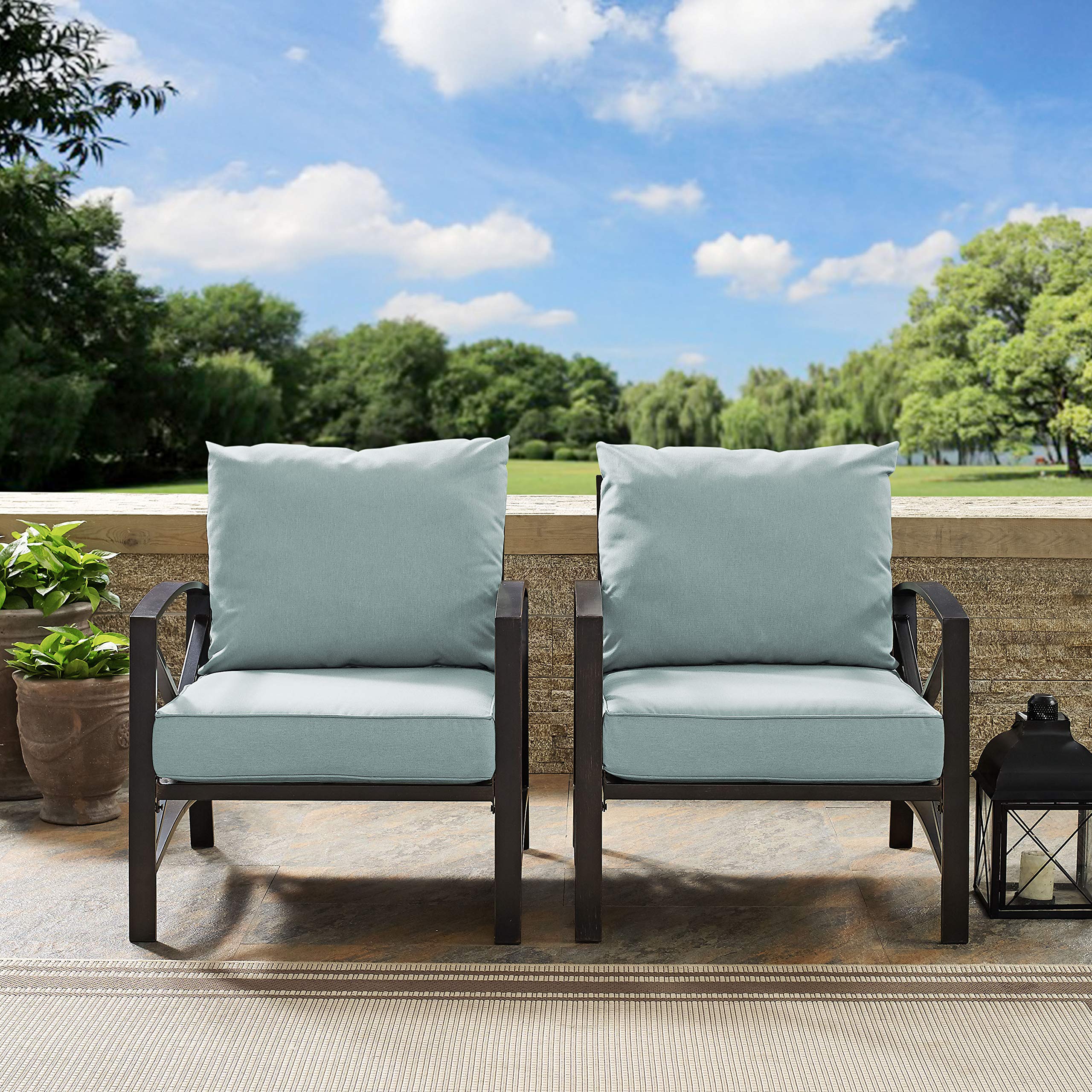 Crosley Furniture Kaplan 2-Piece Outdoor Patio Chair Set - Oiled Bronze with Mist Cushions - Perfect for Conversation Areas, Porch, Deck, Balcony & Garden Relaxation
