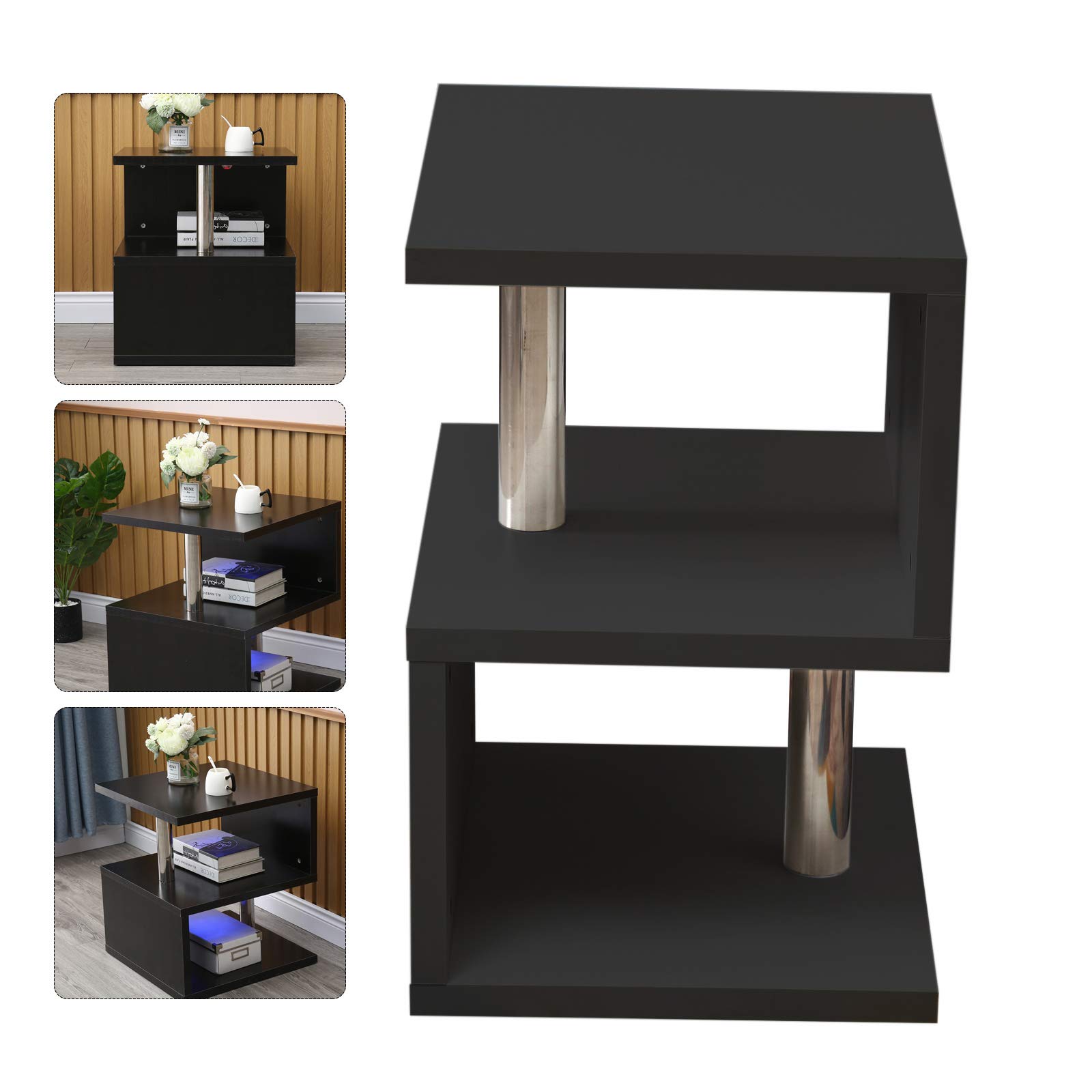 Modern LED Coffee Table & Nightstand - High Gloss White End Table with S-Shaped Design & Open Shelves - MDF Bedside Cabinet for Living Room, Bedroom - Perfect for Small Spaces, Studio Apartments & Modern Home Decor