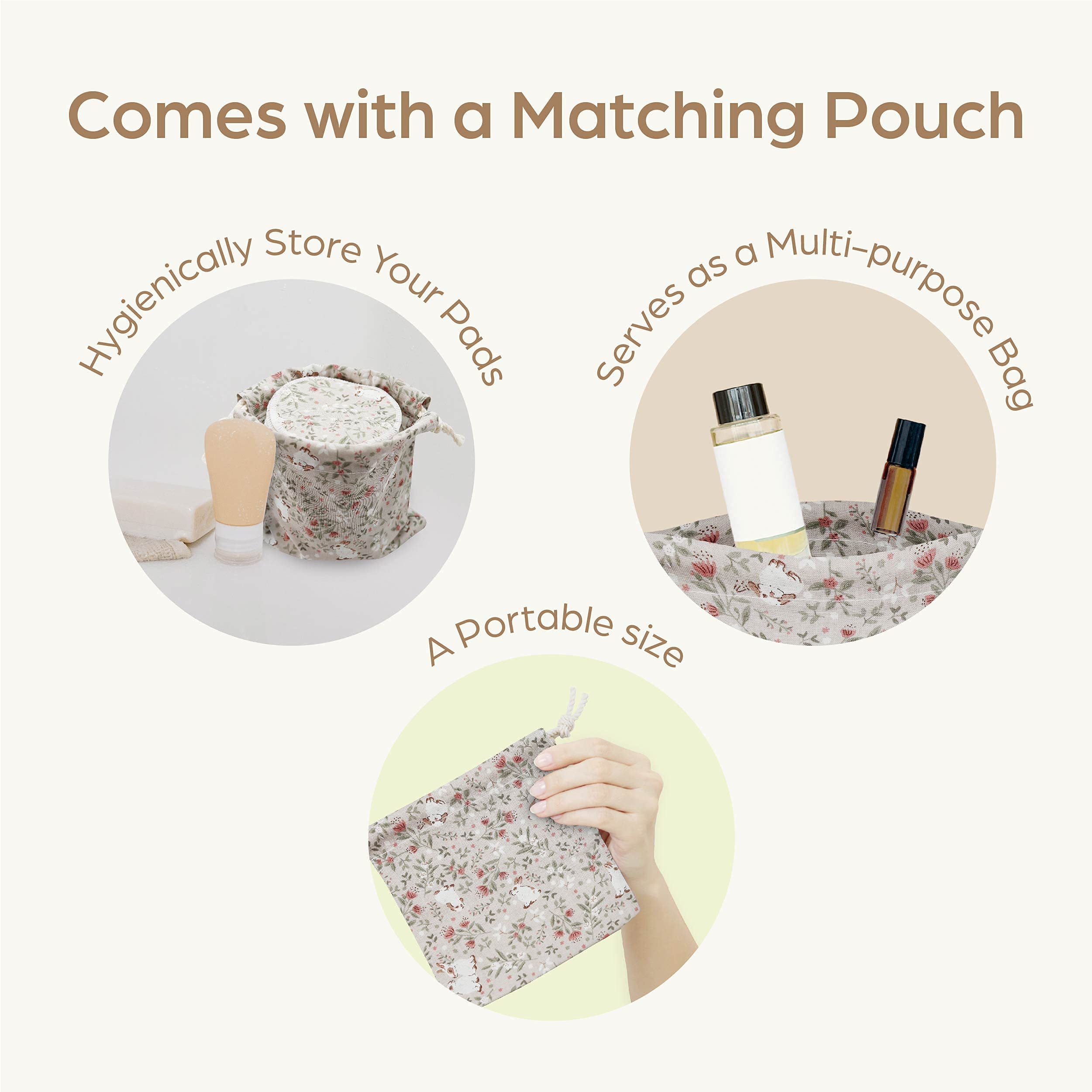 AVO Handmade Organic Cotton Reusable Makeup Remover Pads & Facial Rounds with Quilted Fabric Pouch - Eco-Friendly Beauty Essentials for Daily Skincare & Travel (Rabbit Design)